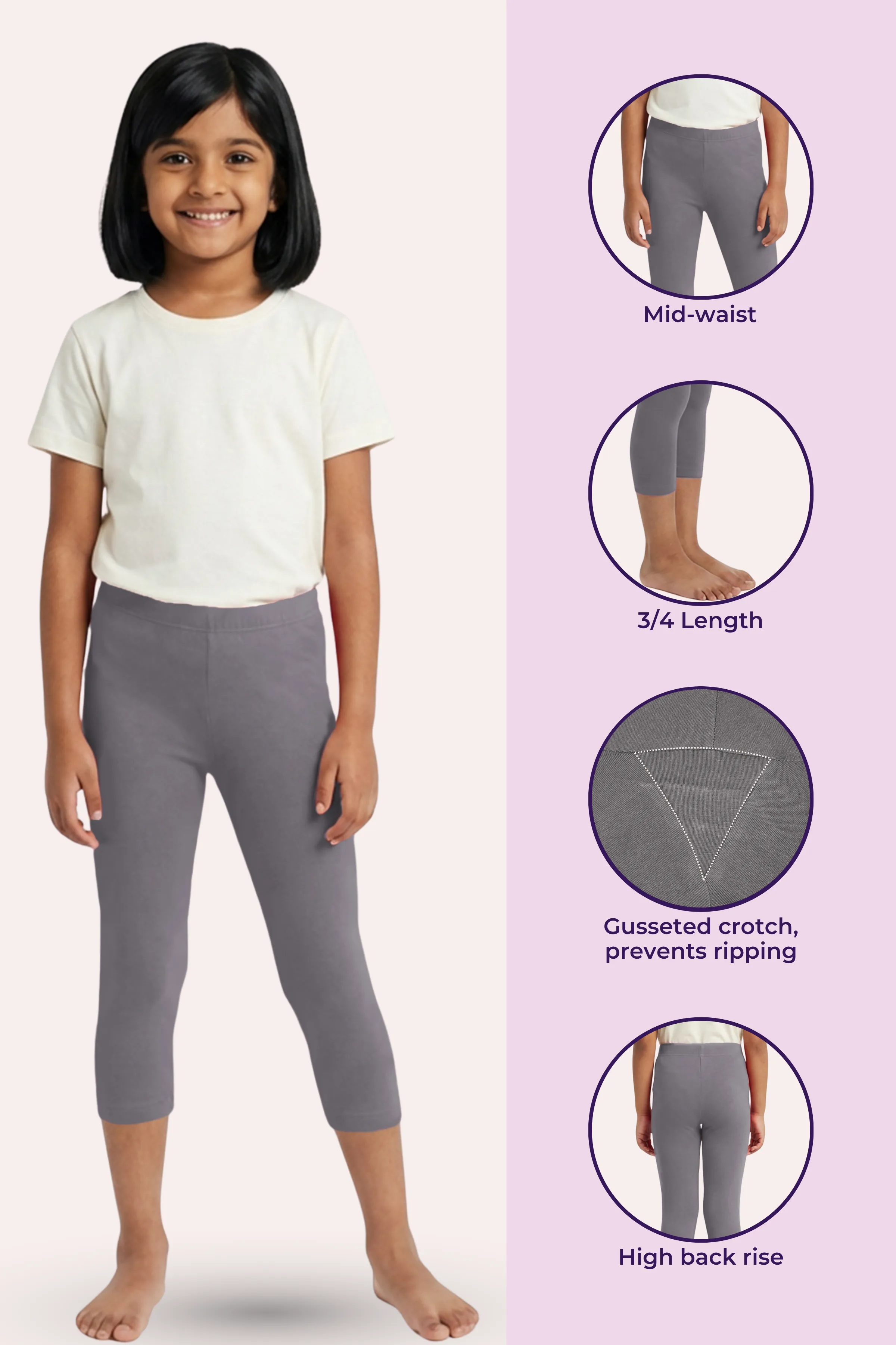 Girls’ Cropped Leggings | Mid Waist | 3/4 Length | Cotton–Elastane Blend | Non-See-Through | Gusset Crotch to Prevent Ripping - Image 2