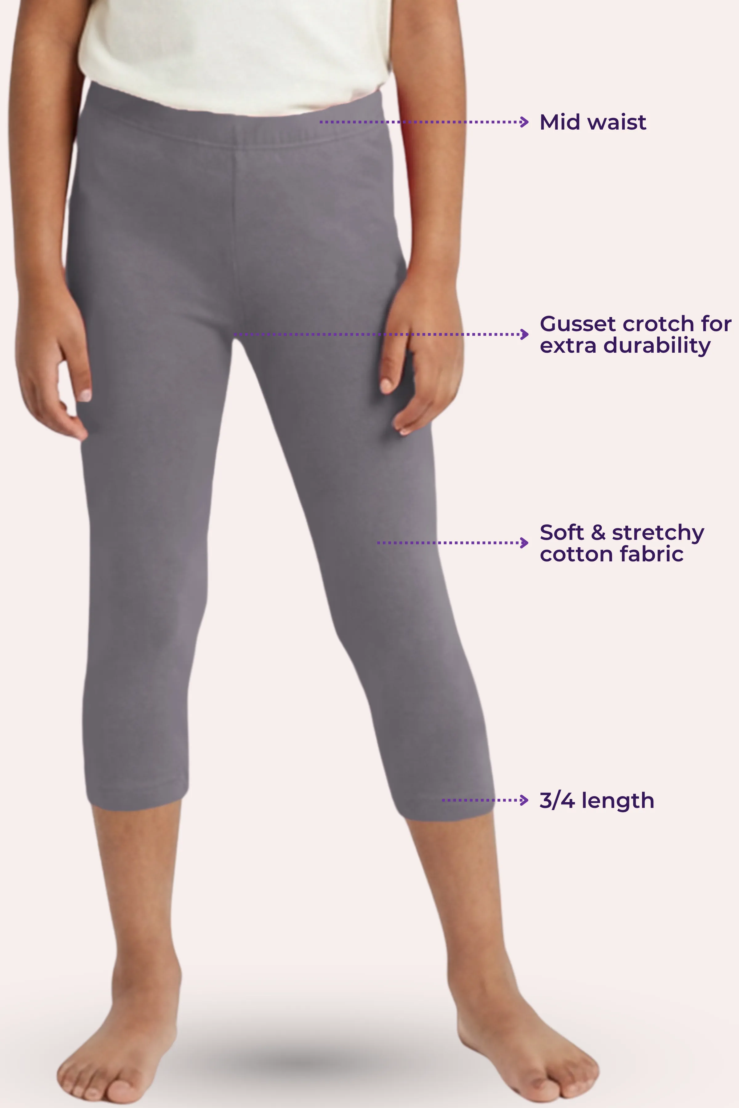 Girls’ Cropped Leggings | Mid Waist | 3/4 Length | Cotton–Elastane Blend | Non-See-Through | Gusset Crotch to Prevent Ripping - Image 3