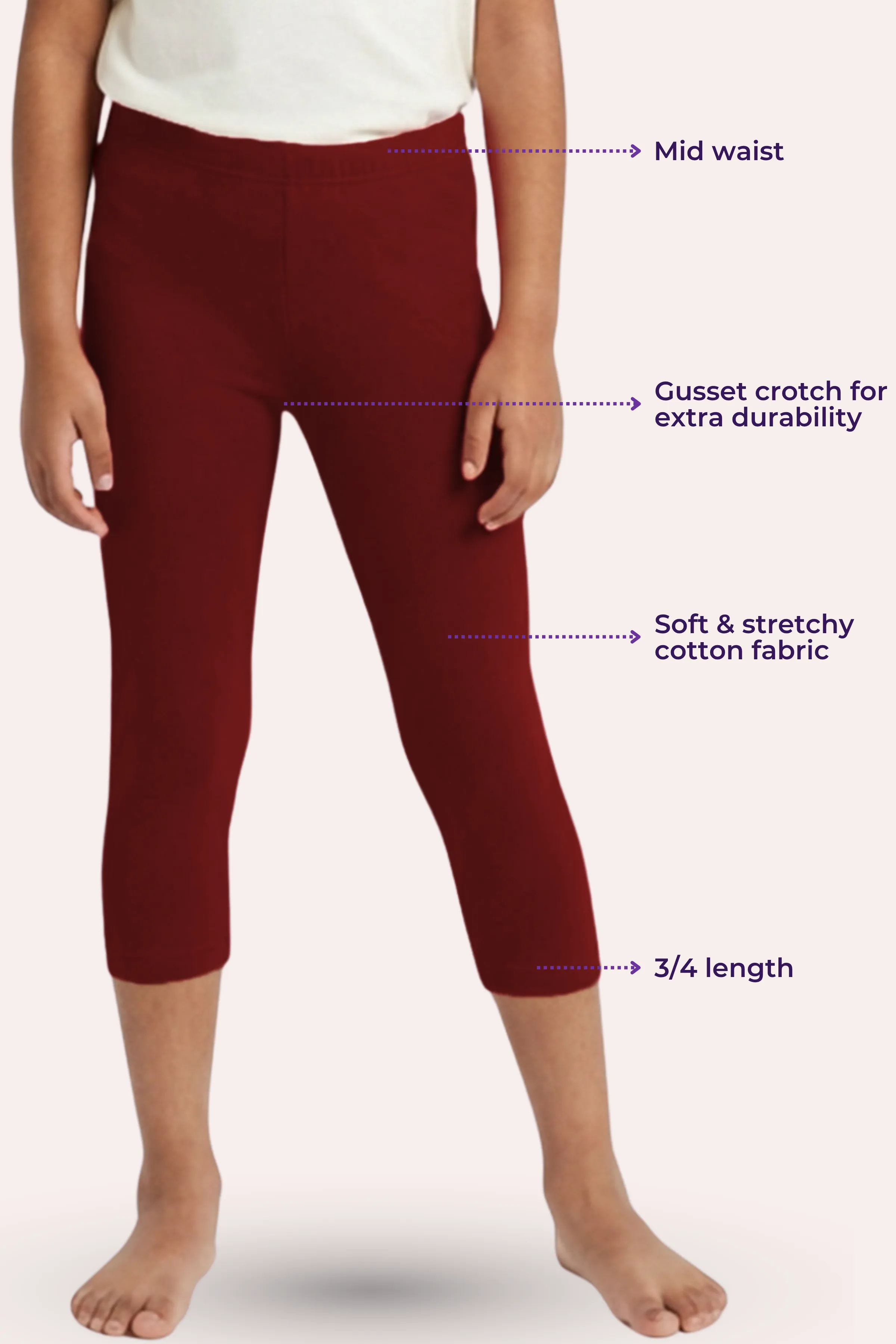 Girls’ Cropped Leggings | Mid Waist | 3/4 Length | Cotton–Elastane Blend | Non-See-Through | Gusset Crotch to Prevent Ripping - Image 3