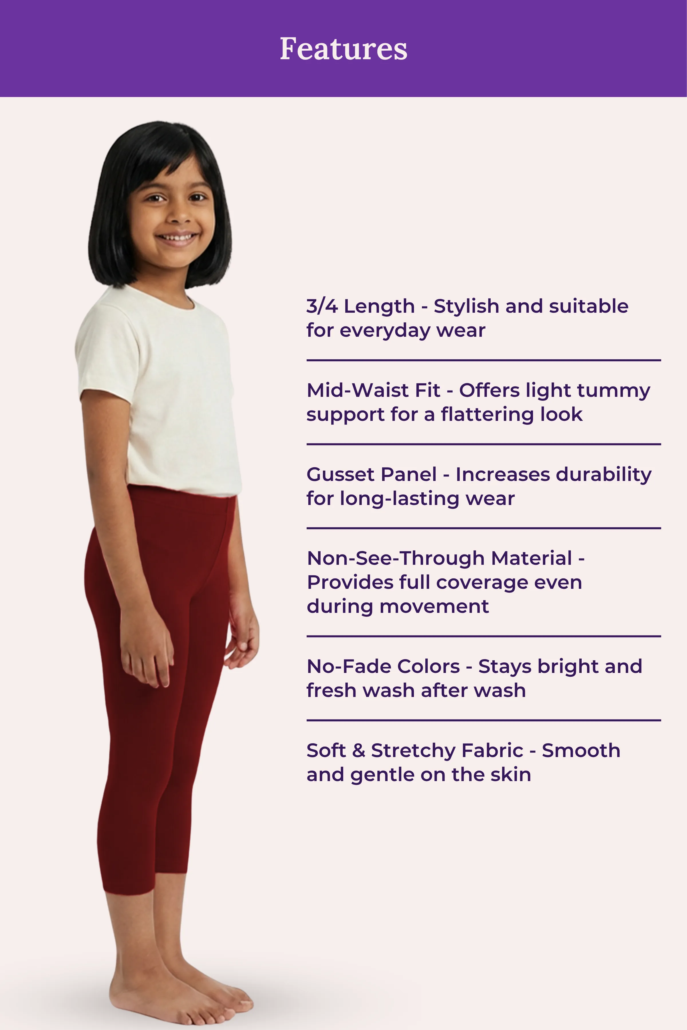 Girls’ Cropped Leggings | Mid Waist | 3/4 Length | Cotton–Elastane Blend | Non-See-Through | Gusset Crotch to Prevent Ripping - Image 6