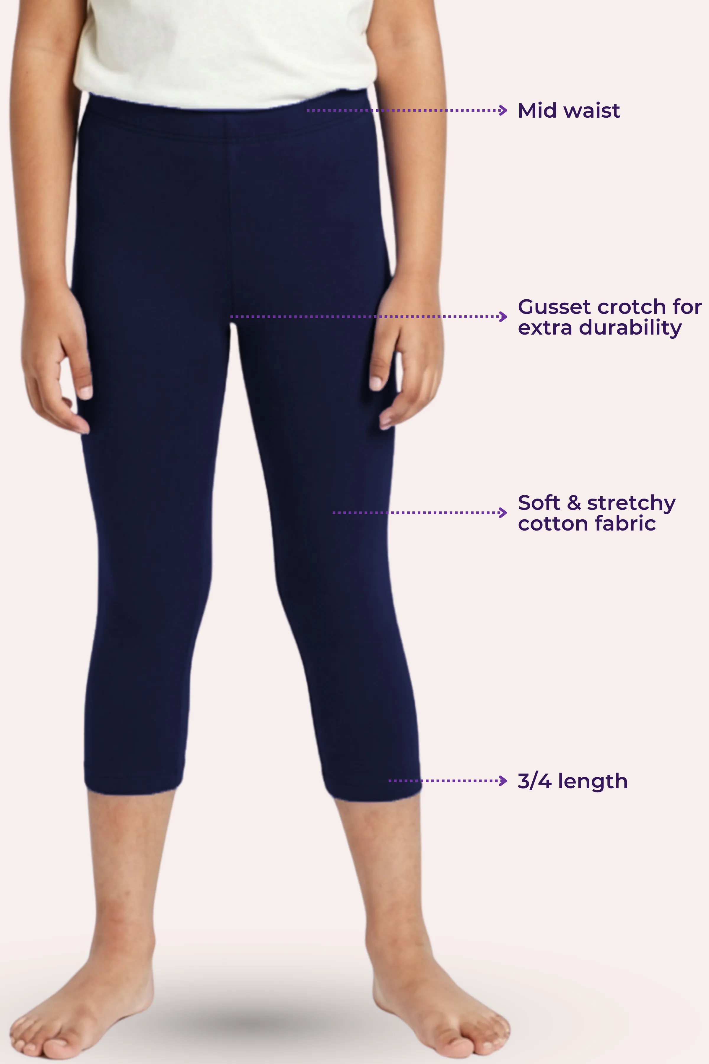 Girls’ Cropped Leggings | Mid Waist | 3/4 Length | Cotton–Elastane Blend | Non-See-Through | Gusset Crotch to Prevent Ripping - Image 3