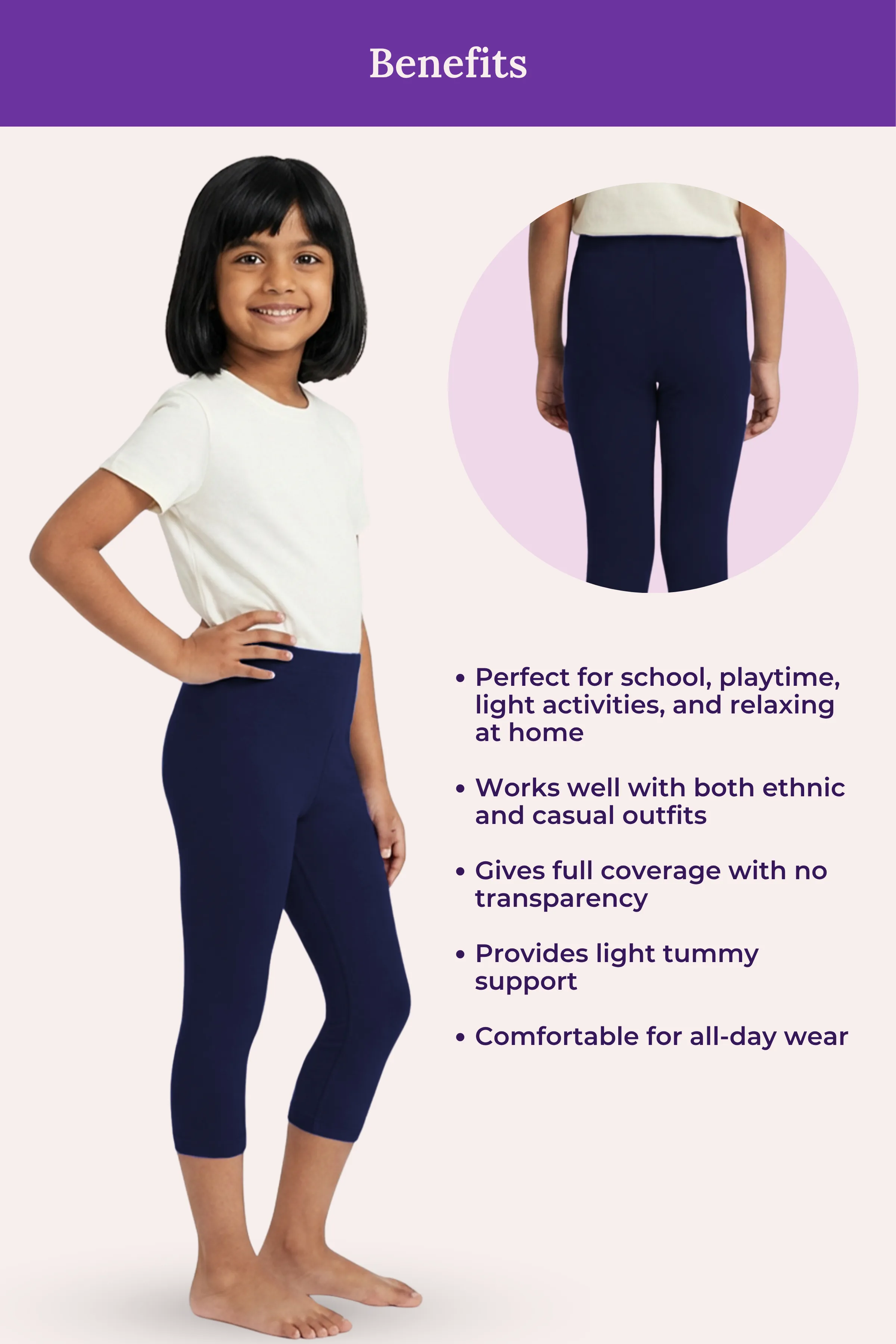 Girls’ Cropped Leggings | Mid Waist | 3/4 Length | Cotton–Elastane Blend | Non-See-Through | Gusset Crotch to Prevent Ripping - Image 5