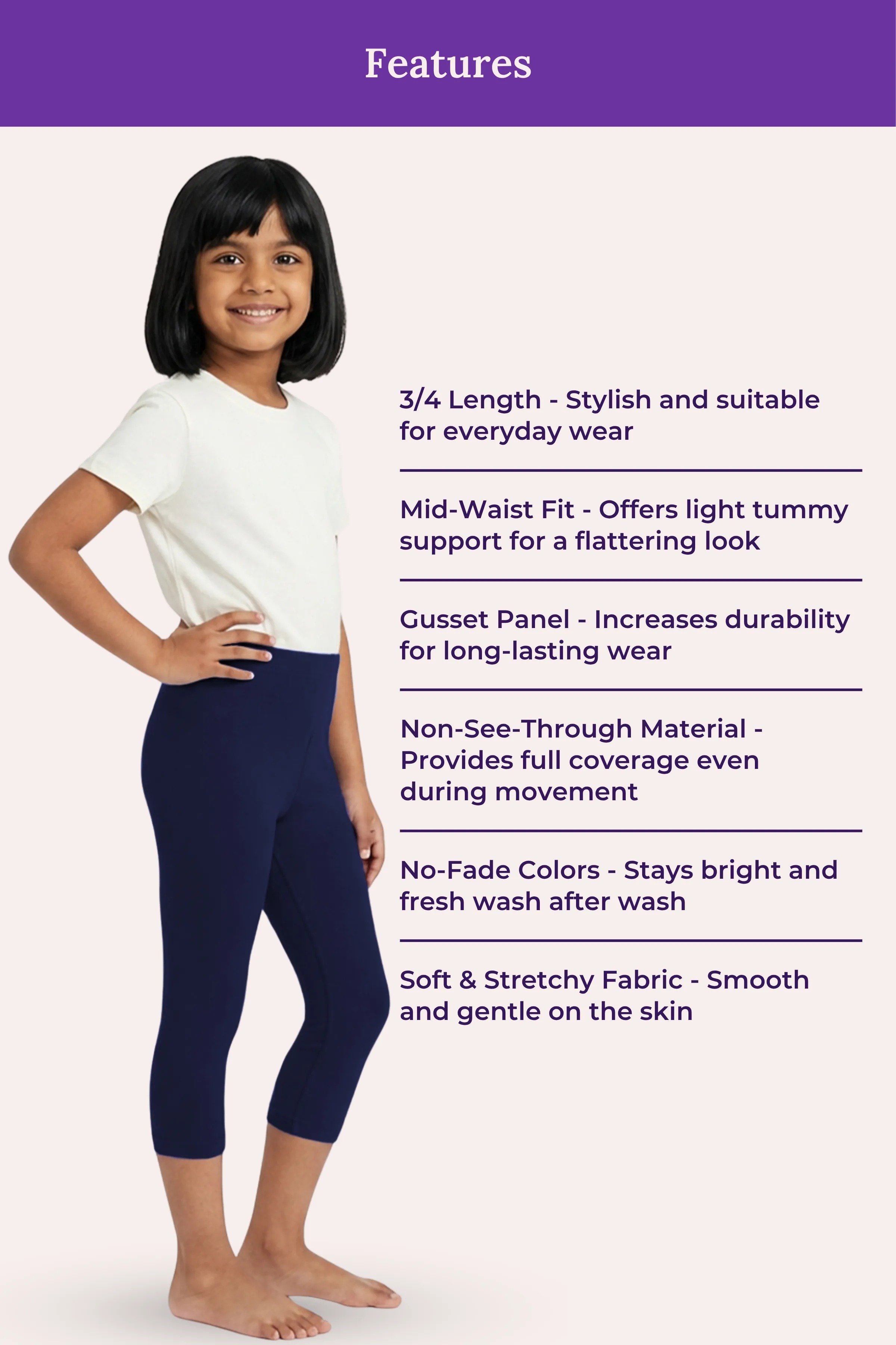 Girls’ Cropped Leggings | Mid Waist | 3/4 Length | Cotton–Elastane Blend | Non-See-Through | Gusset Crotch to Prevent Ripping - Image 6