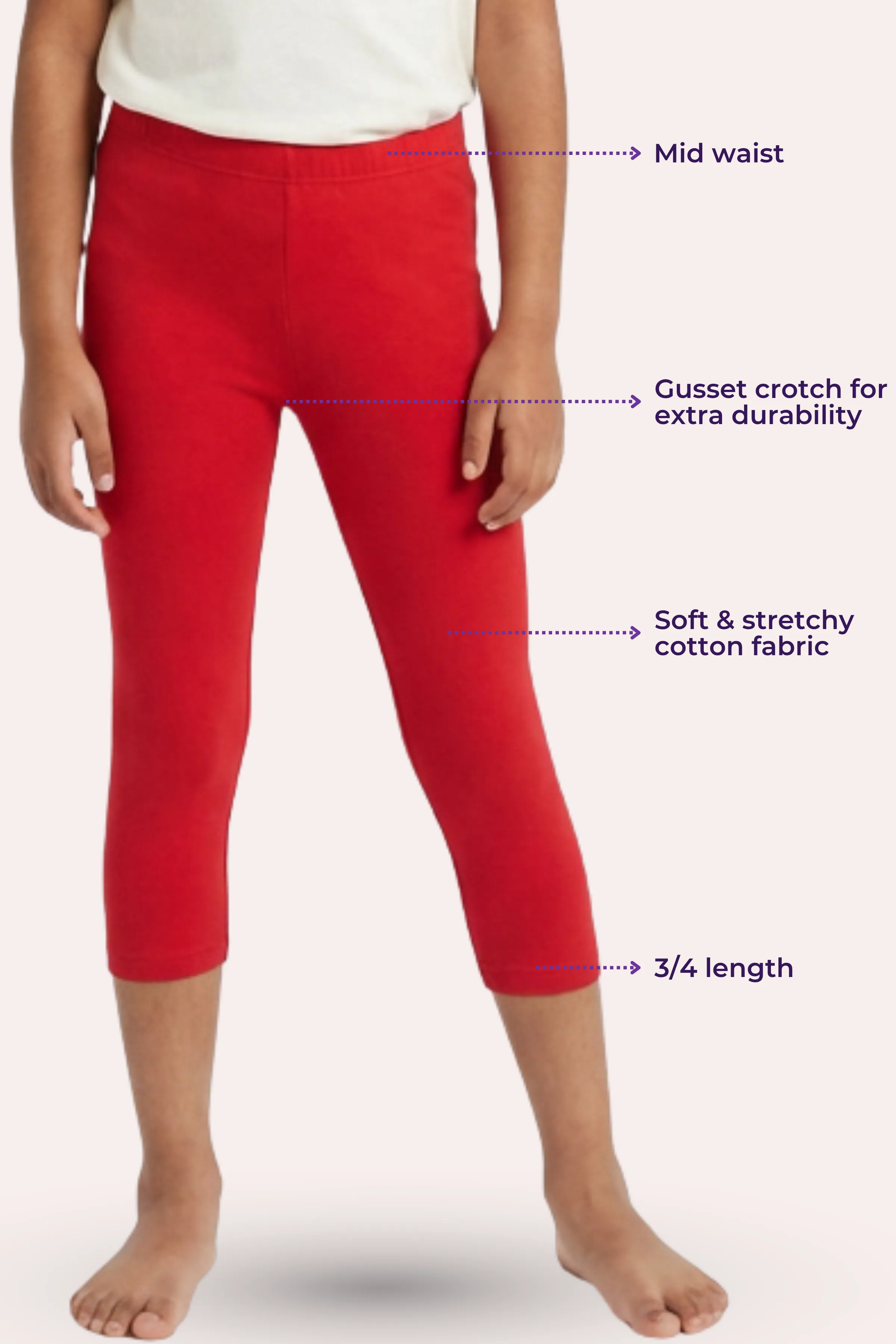Girls’ Cropped Leggings | Mid Waist | 3/4 Length | Cotton–Elastane Blend | Non-See-Through | Gusset Crotch to Prevent Ripping - Image 3