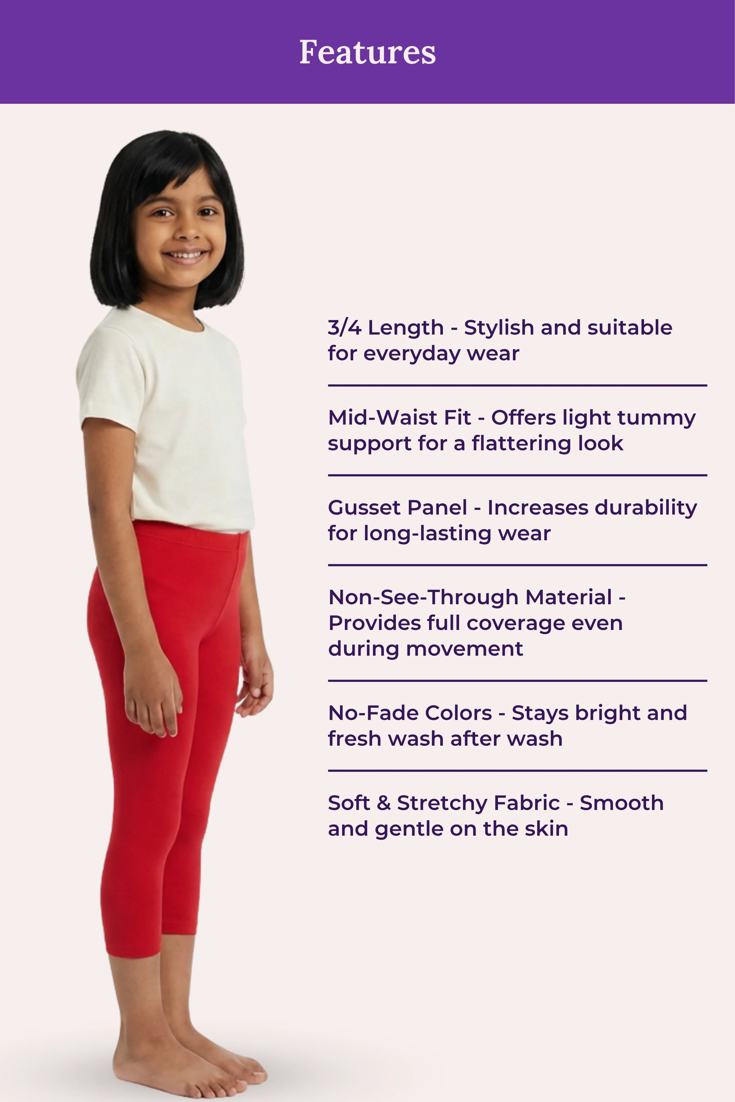 Girls’ Cropped Leggings | Mid Waist | 3/4 Length | Cotton–Elastane Blend | Non-See-Through | Gusset Crotch to Prevent Ripping - Image 6