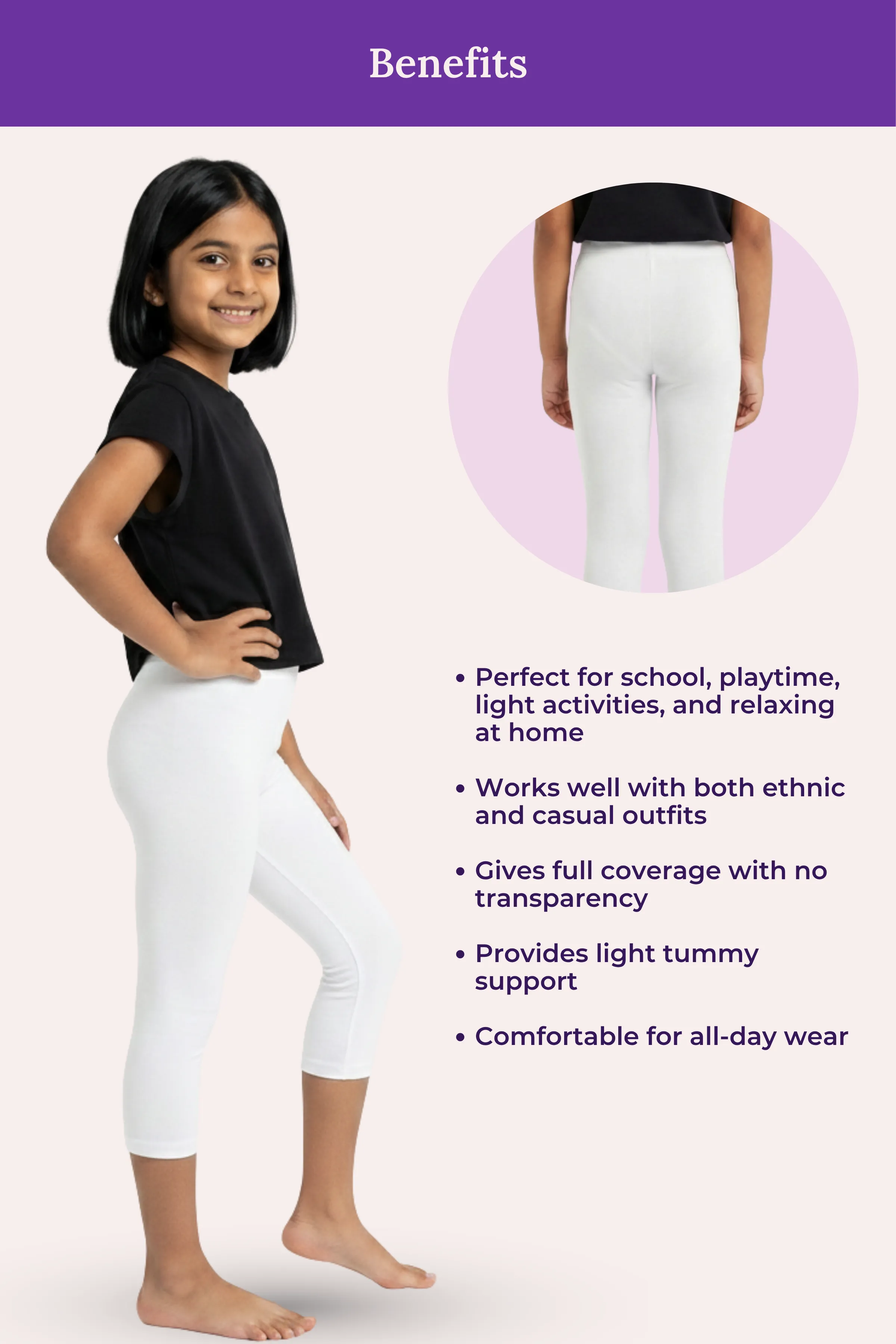 Girls’ Cropped Leggings | Mid Waist | 3/4 Length | Cotton–Elastane Blend | Non-See-Through | Gusset Crotch to Prevent Ripping - Image 5