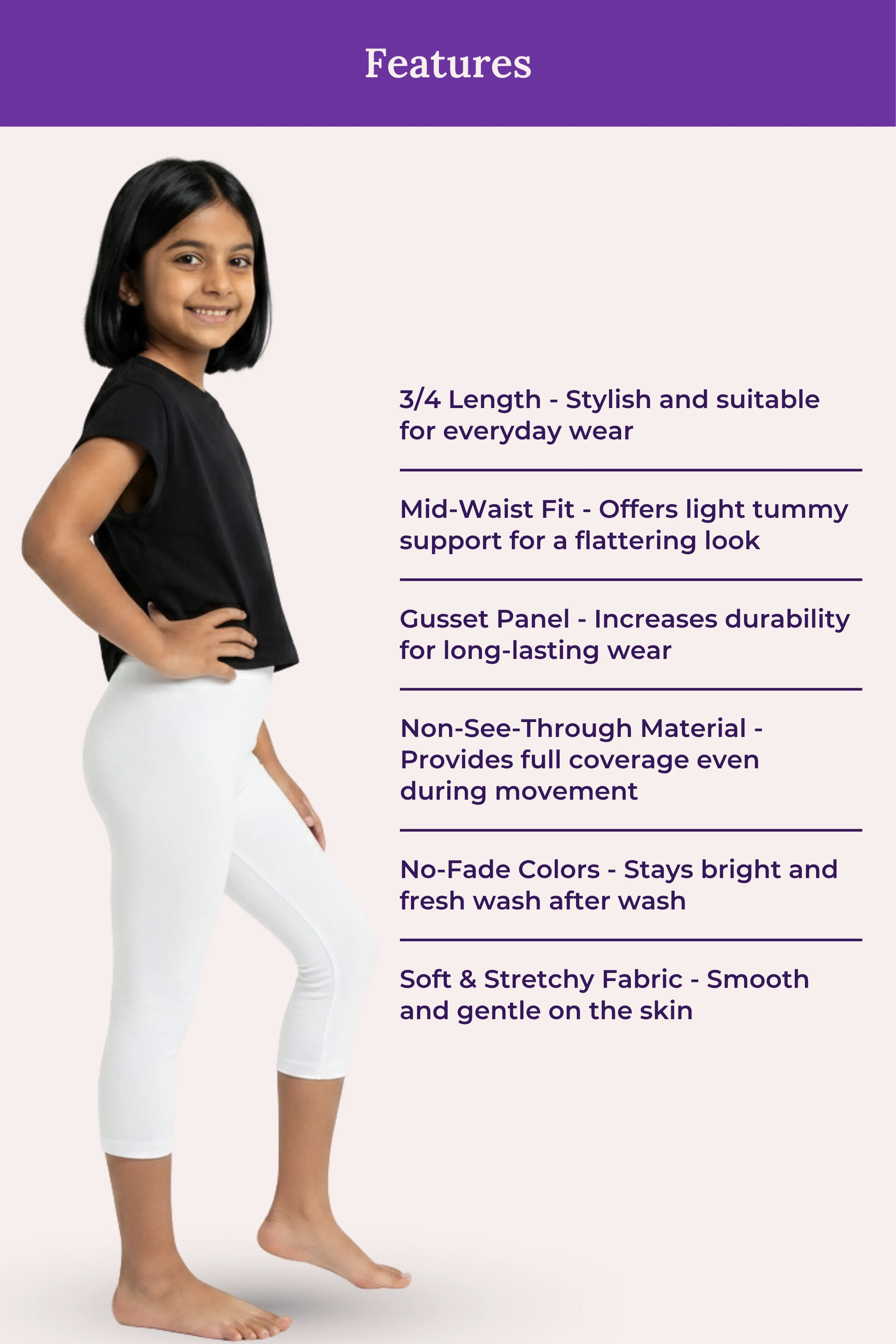 Girls’ Cropped Leggings | Mid Waist | 3/4 Length | Cotton–Elastane Blend | Non-See-Through | Gusset Crotch to Prevent Ripping - Image 6