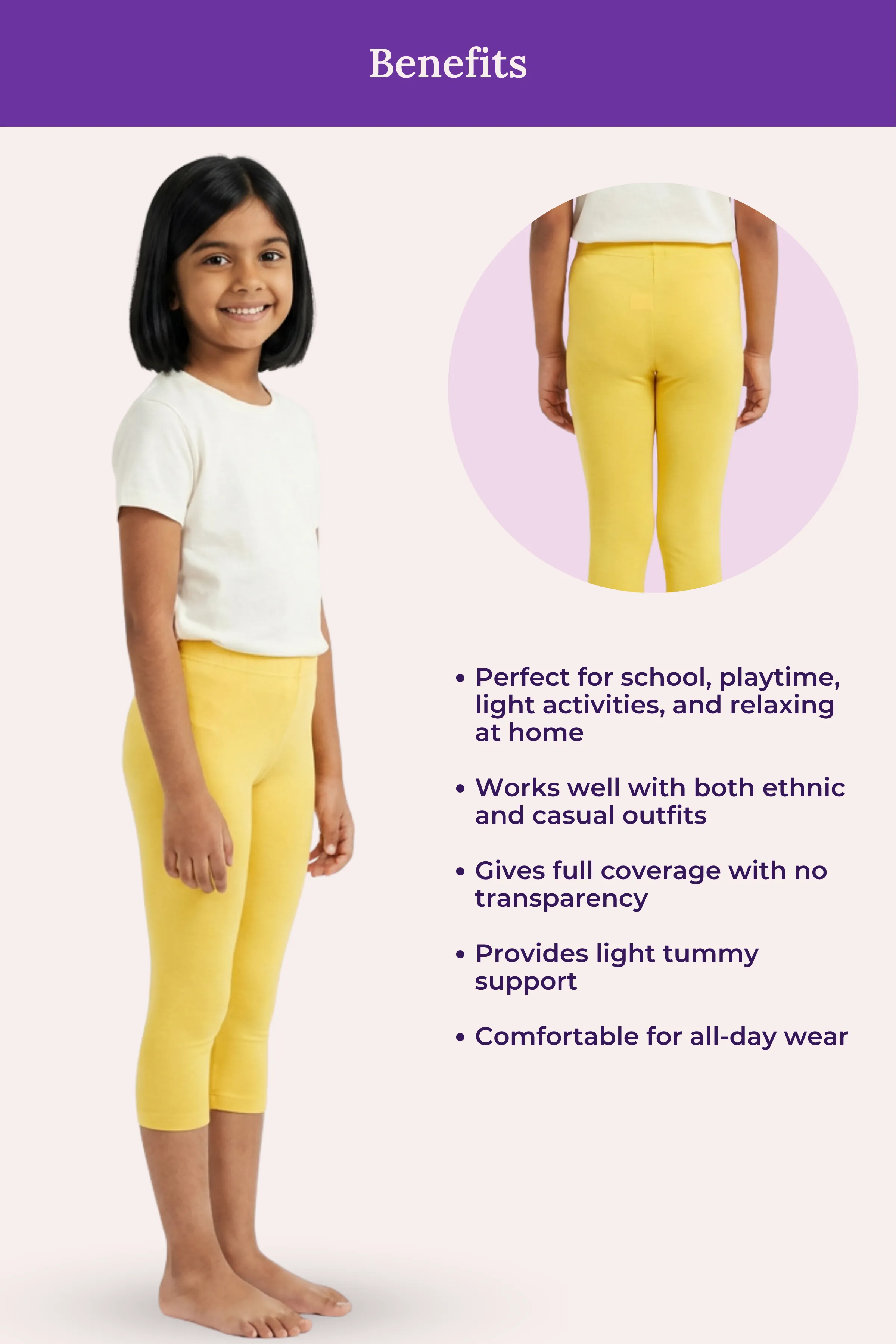 Girls’ Cropped Leggings | Mid Waist | 3/4 Length | Cotton–Elastane Blend | Non-See-Through | Gusset Crotch to Prevent Ripping - Image 5