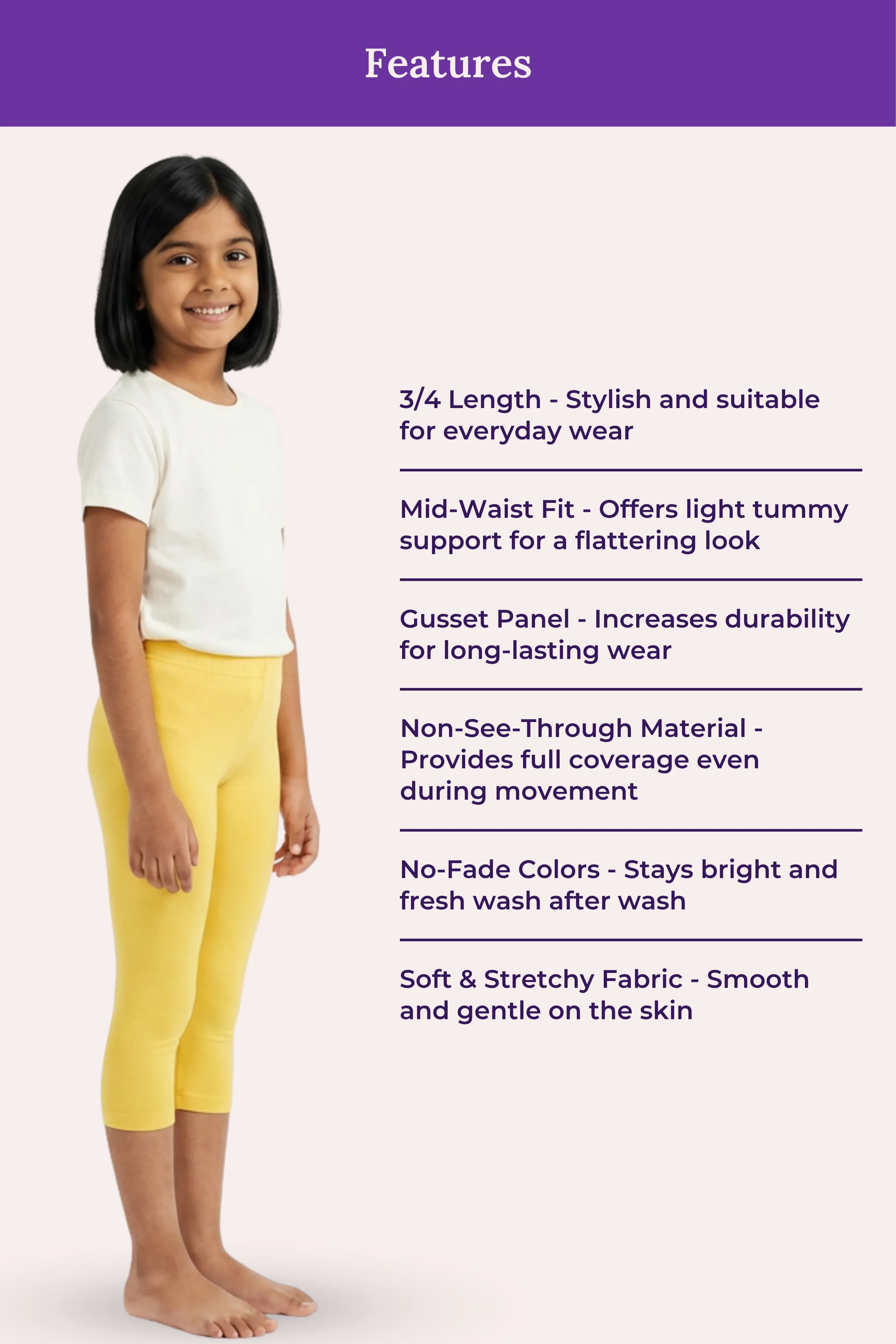 Girls’ Cropped Leggings | Mid Waist | 3/4 Length | Cotton–Elastane Blend | Non-See-Through | Gusset Crotch to Prevent Ripping - Image 6