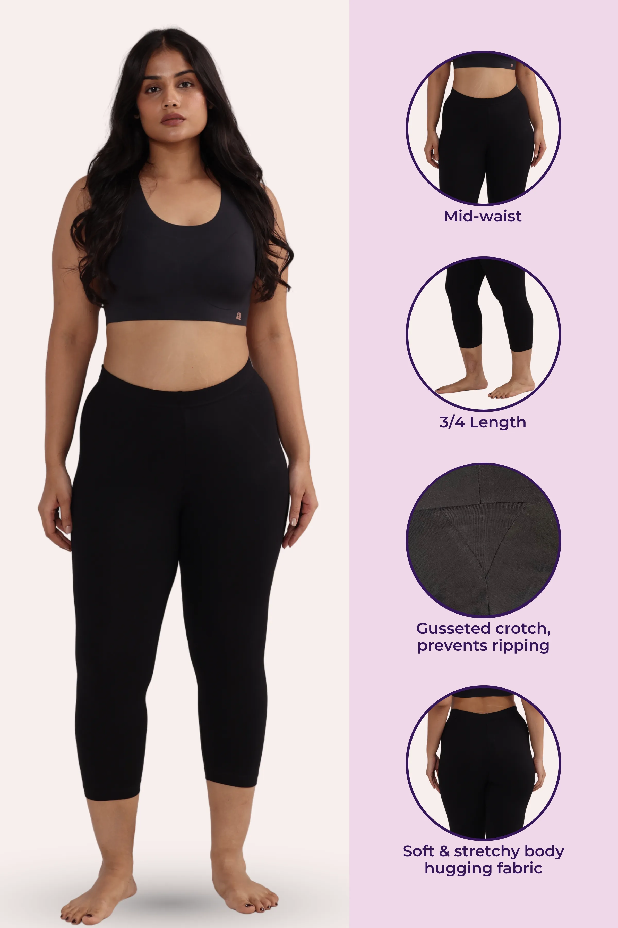 Cropped Leggings For Plus Size | Mid Waist | 3/4 Length | Cotton–Elastane Blend | Non-See-Through | Gusset Crotch to Prevent Ripping - Image 2