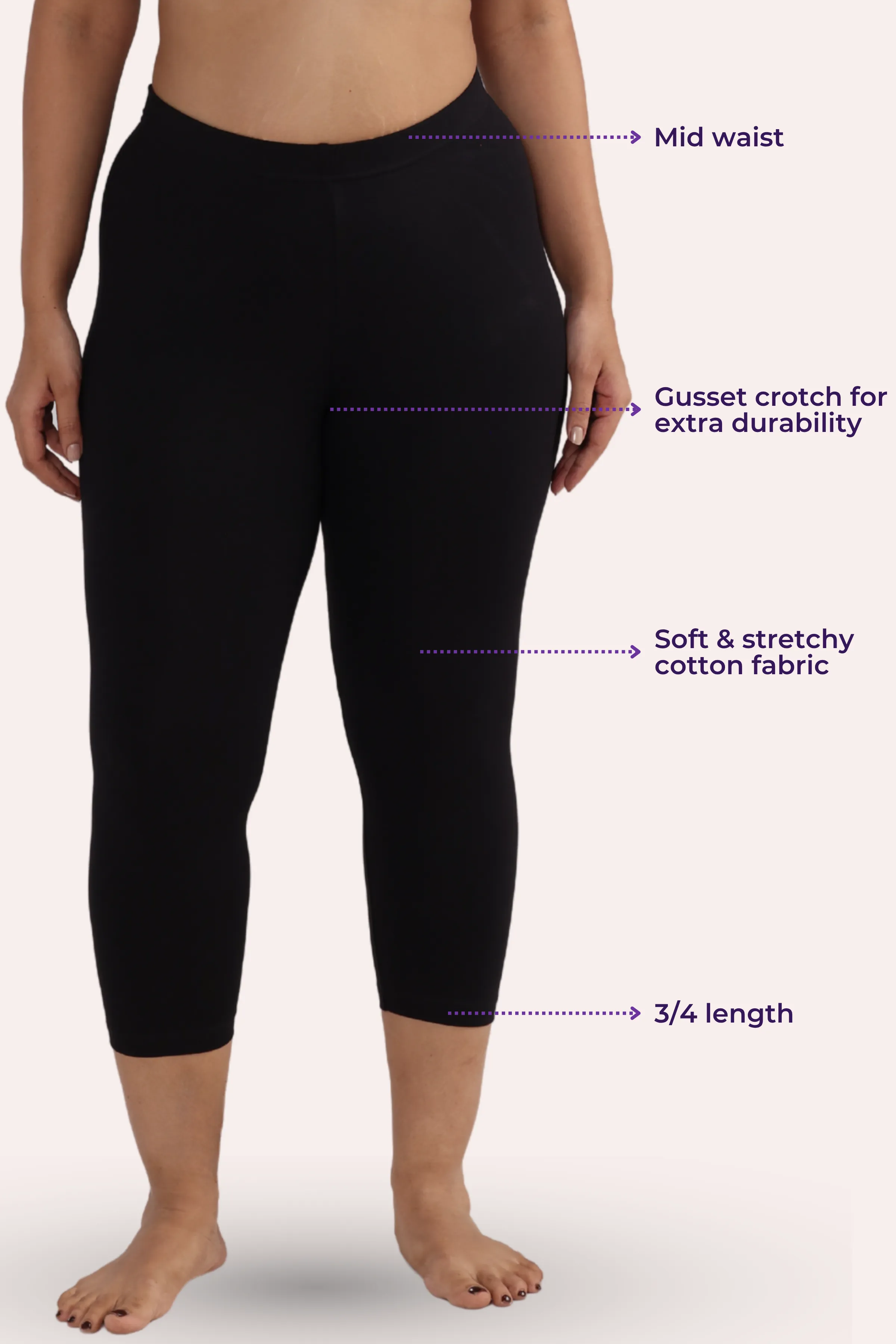 Cropped Leggings For Plus Size | Mid Waist | 3/4 Length | Cotton–Elastane Blend | Non-See-Through | Gusset Crotch to Prevent Ripping - Image 3