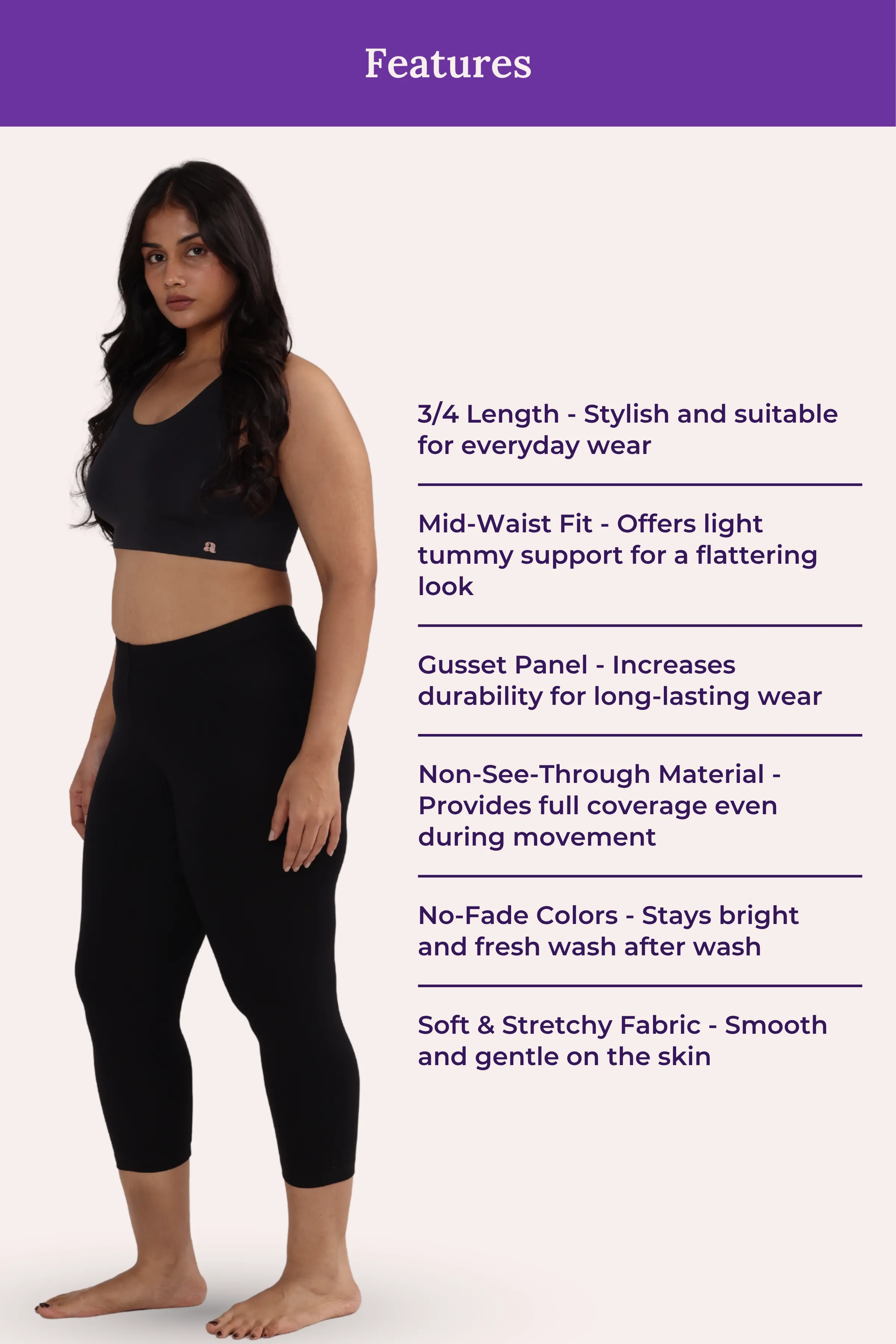 Cropped Leggings For Plus Size | Mid Waist | 3/4 Length | Cotton–Elastane Blend | Non-See-Through | Gusset Crotch to Prevent Ripping - Image 6