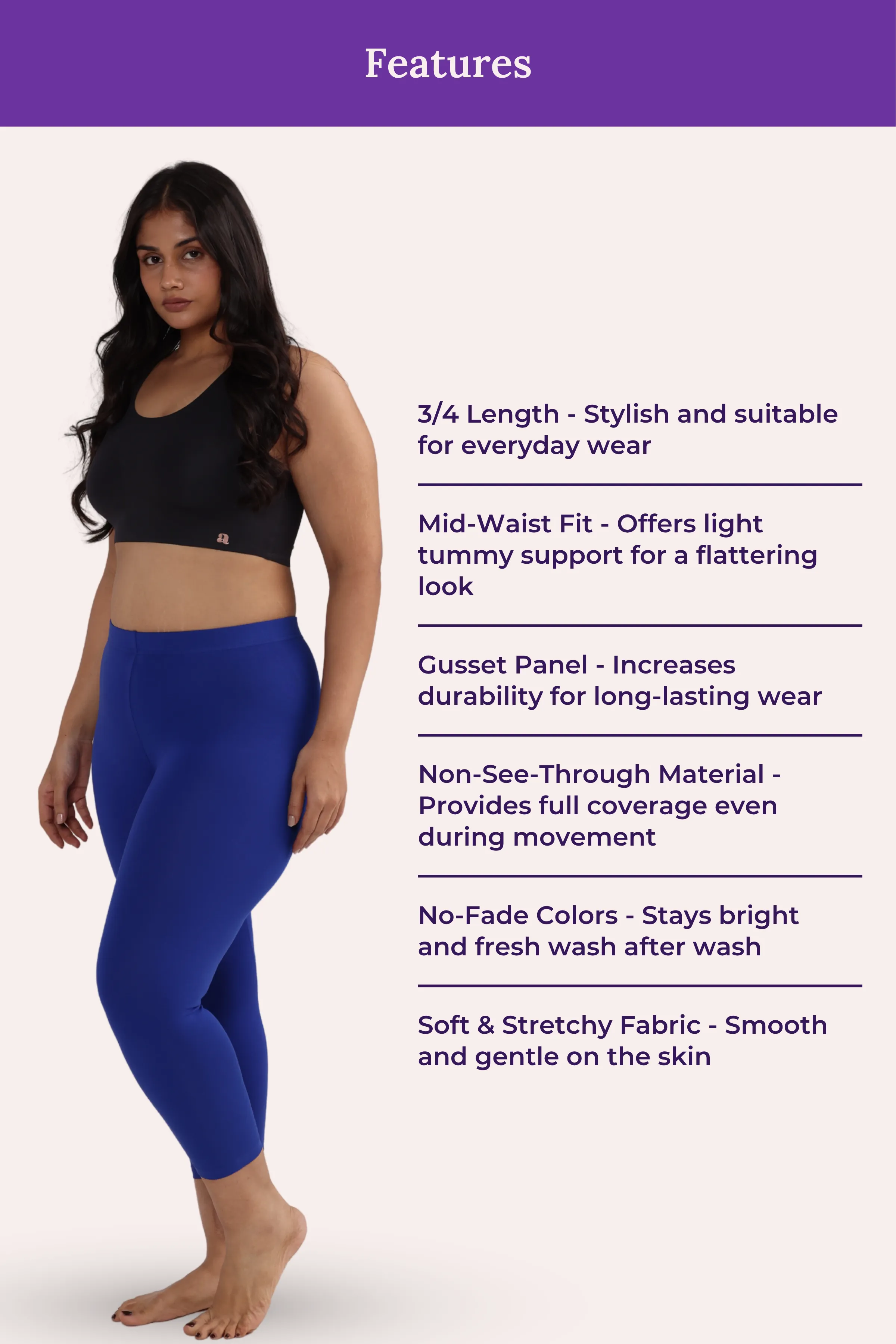 Cropped Leggings For Plus Size | Mid Waist | 3/4 Length | Cotton–Elastane Blend | Non-See-Through | Gusset Crotch to Prevent Ripping - Image 6
