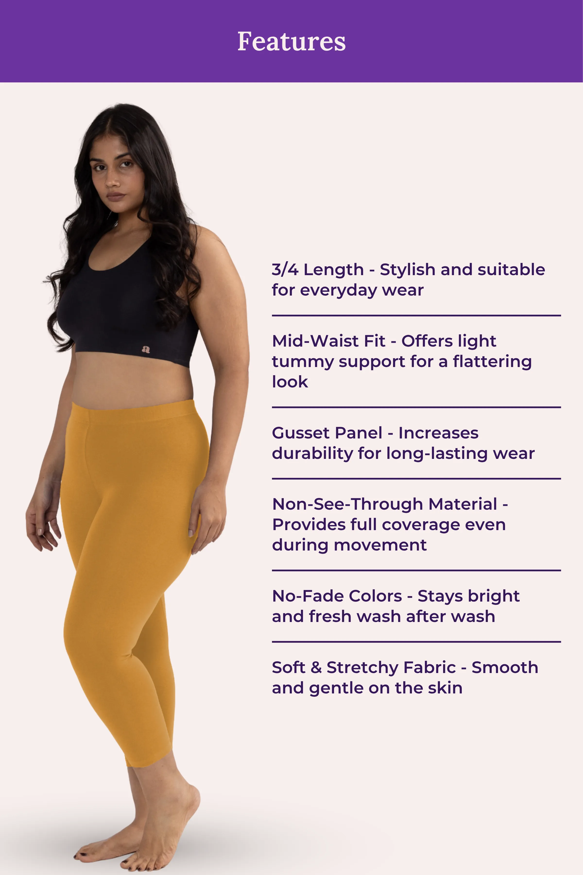 Cropped Leggings For Plus Size | Mid Waist | 3/4 Length | Cotton–Elastane Blend | Non-See-Through | Gusset Crotch to Prevent Ripping - Image 6