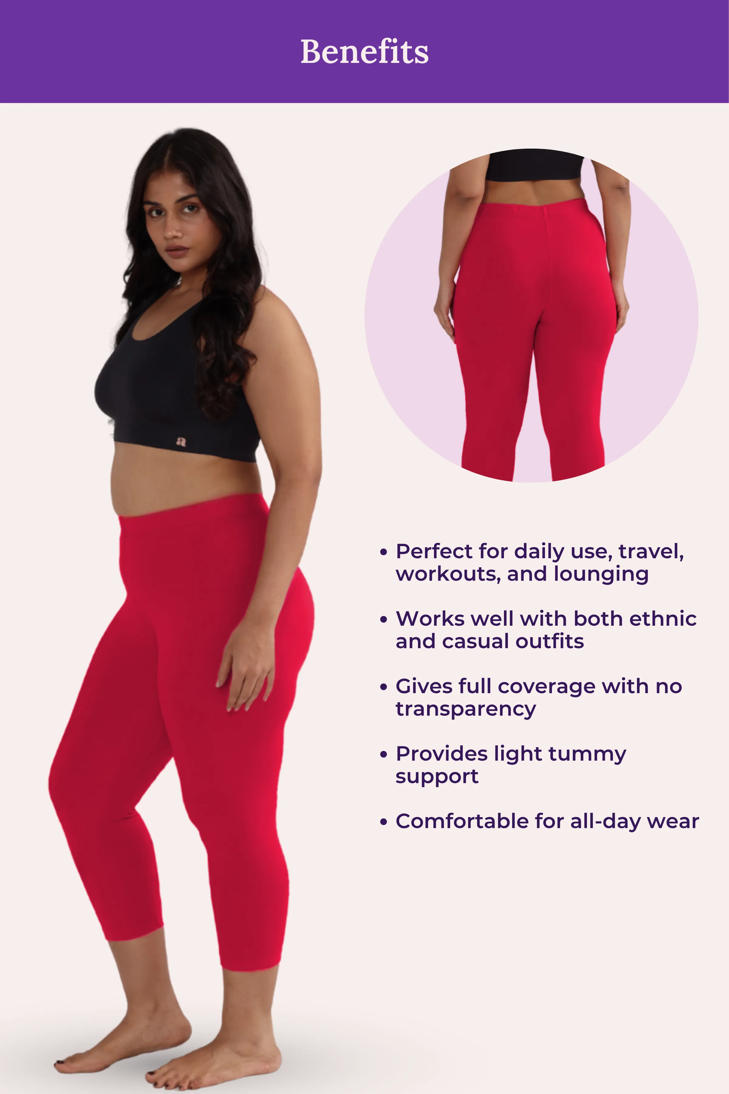 Cropped Leggings For Plus Size | Mid Waist | 3/4 Length | Cotton–Elastane Blend | Non-See-Through | Gusset Crotch to Prevent Ripping - Image 5