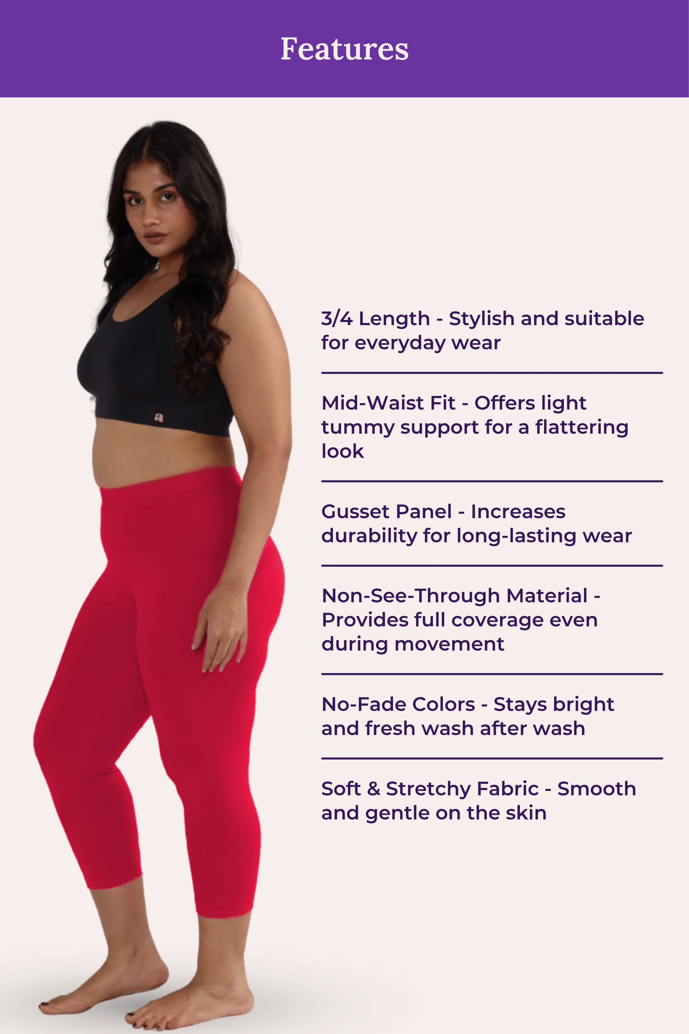 Cropped Leggings For Plus Size | Mid Waist | 3/4 Length | Cotton–Elastane Blend | Non-See-Through | Gusset Crotch to Prevent Ripping - Image 6