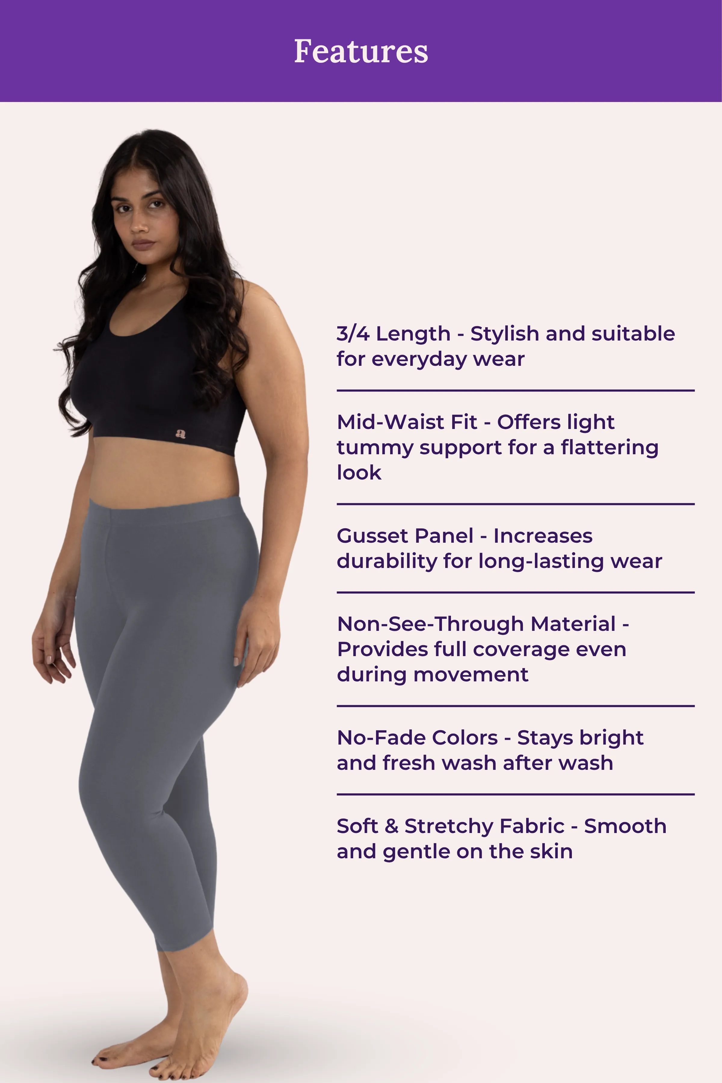 Cropped Leggings For Plus Size | Mid Waist | 3/4 Length | Cotton–Elastane Blend | Non-See-Through | Gusset Crotch to Prevent Ripping - Image 6