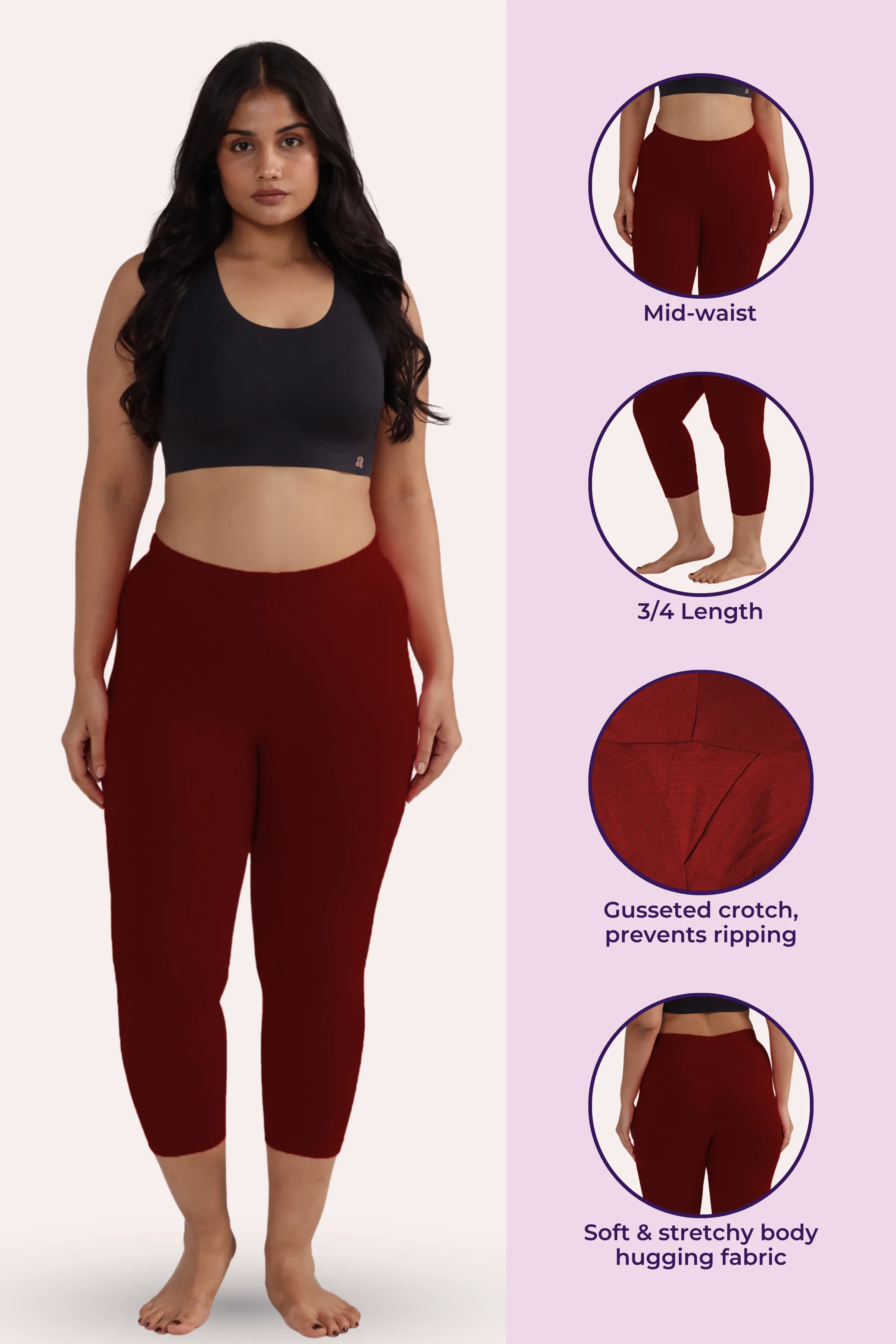 Cropped Leggings For Plus Size | Mid Waist | 3/4 Length | Cotton–Elastane Blend | Non-See-Through | Gusset Crotch to Prevent Ripping - Image 2
