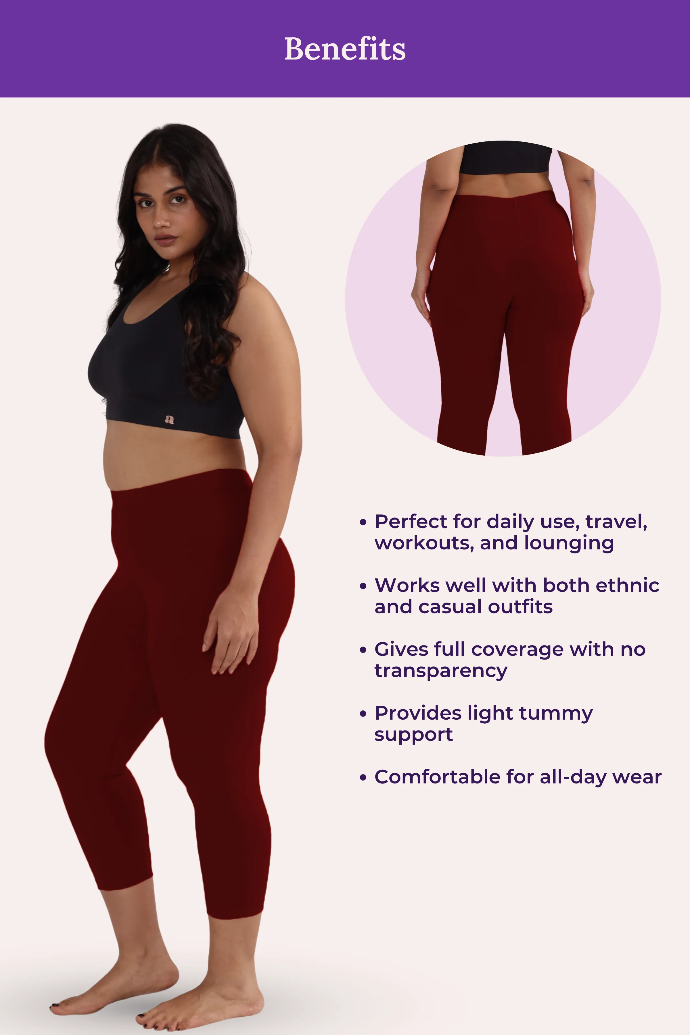 Cropped Leggings For Plus Size | Mid Waist | 3/4 Length | Cotton–Elastane Blend | Non-See-Through | Gusset Crotch to Prevent Ripping - Image 5