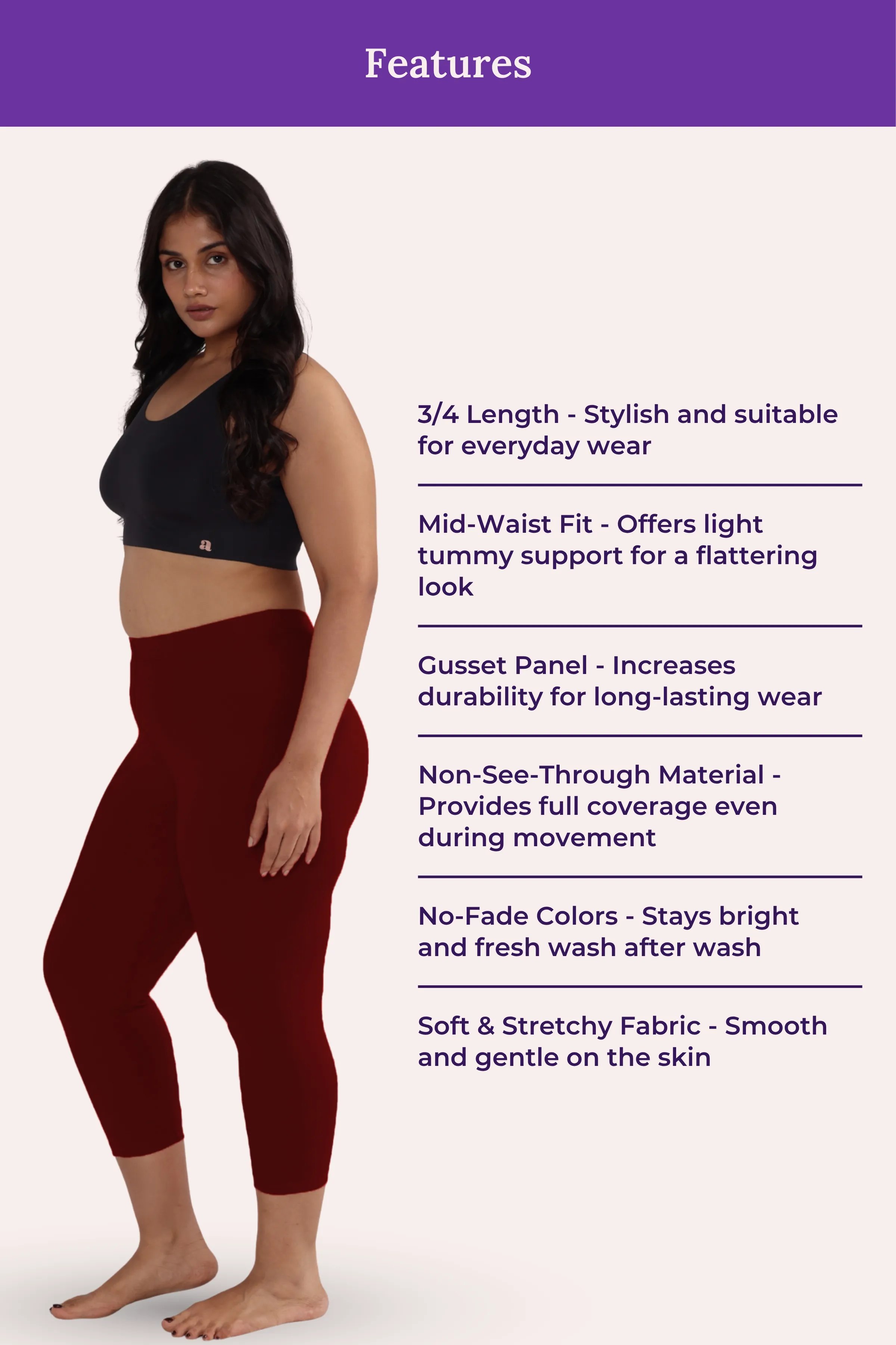 Cropped Leggings For Plus Size | Mid Waist | 3/4 Length | Cotton–Elastane Blend | Non-See-Through | Gusset Crotch to Prevent Ripping - Image 6