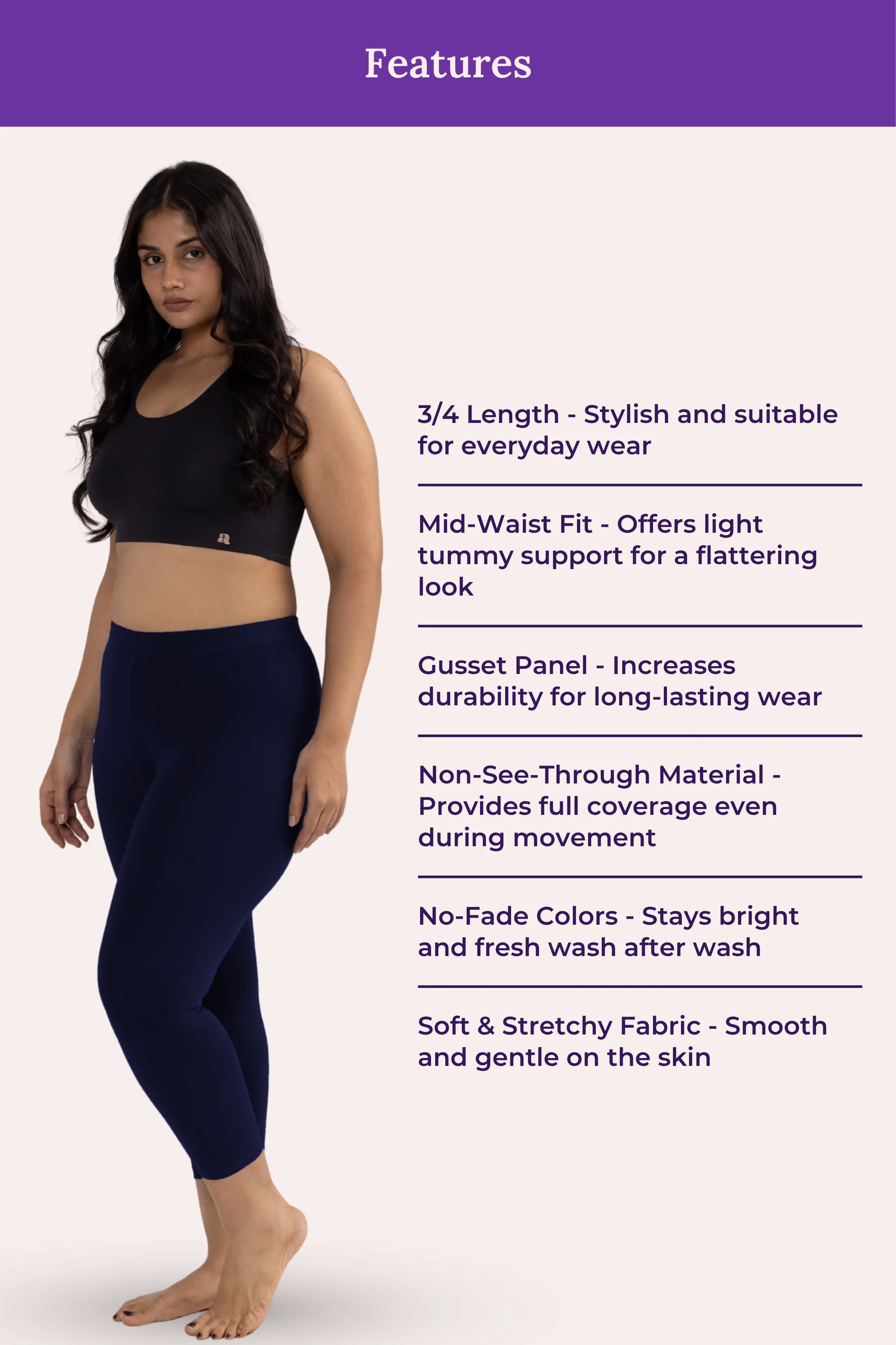 Cropped Leggings For Plus Size | Mid Waist | 3/4 Length | Cotton–Elastane Blend | Non-See-Through | Gusset Crotch to Prevent Ripping - Image 6