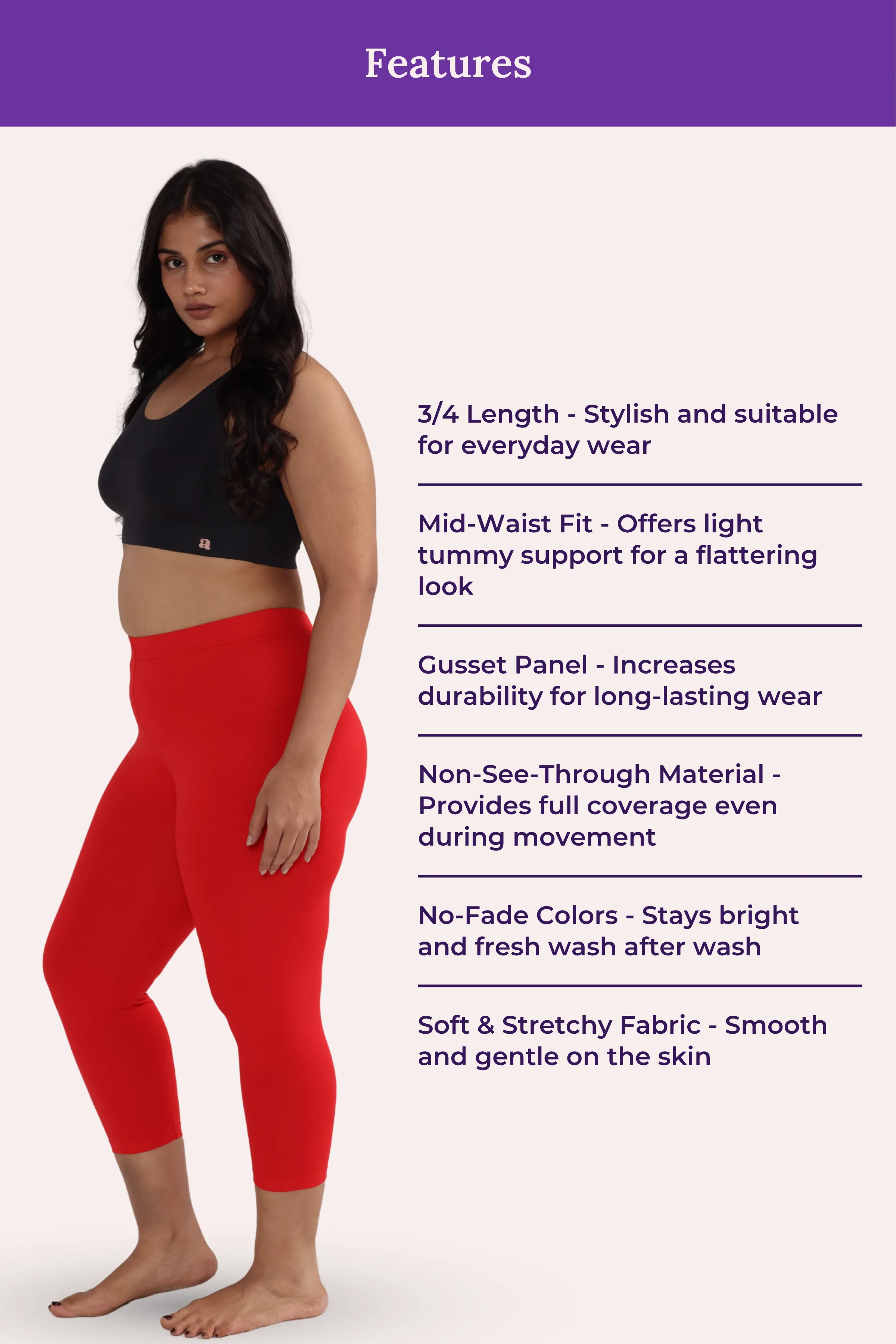Cropped Leggings For Plus Size | Mid Waist | 3/4 Length | Cotton–Elastane Blend | Non-See-Through | Gusset Crotch to Prevent Ripping - Image 6