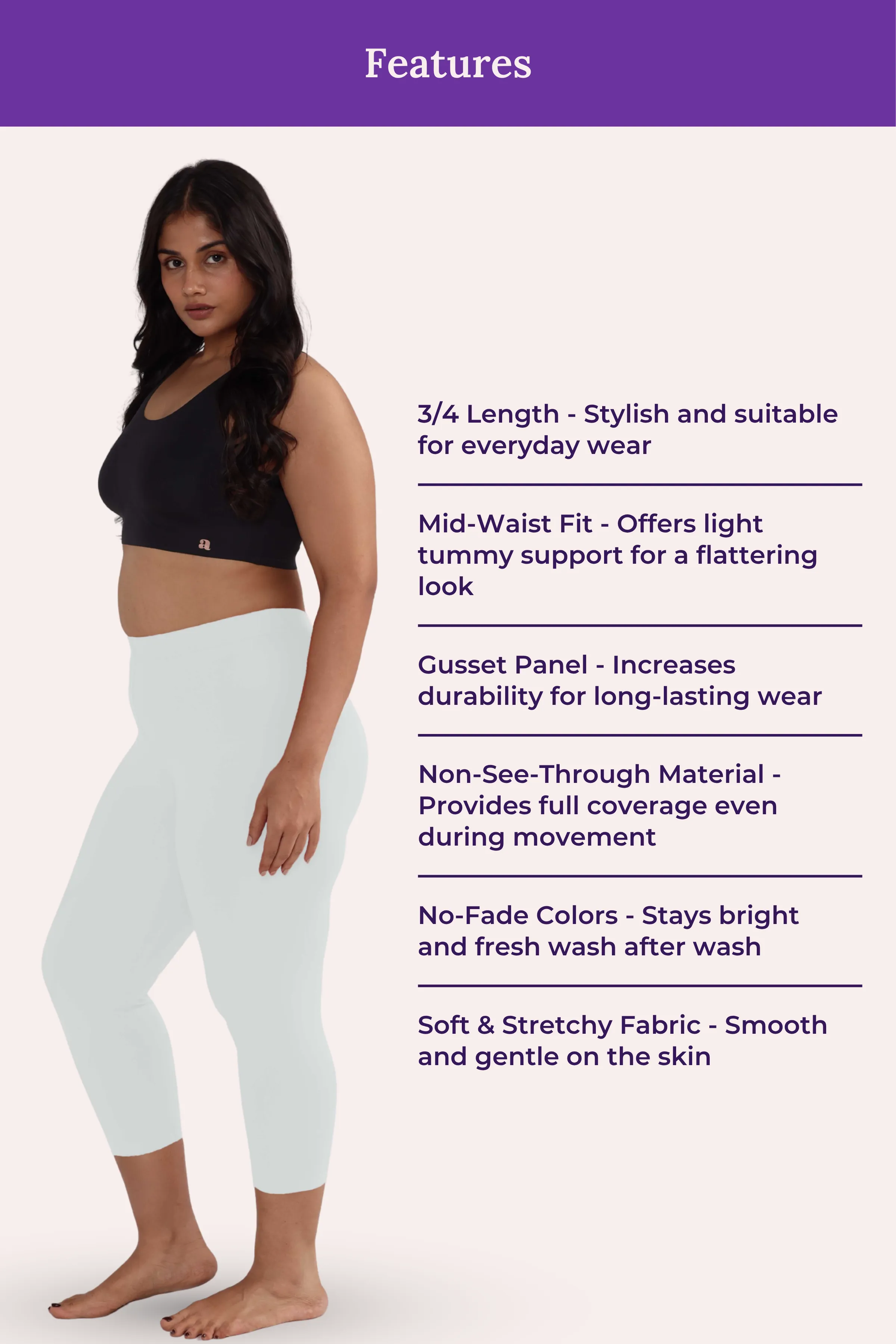 Cropped Leggings For Plus Size | Mid Waist | 3/4 Length | Cotton–Elastane Blend | Non-See-Through | Gusset Crotch to Prevent Ripping - Image 6