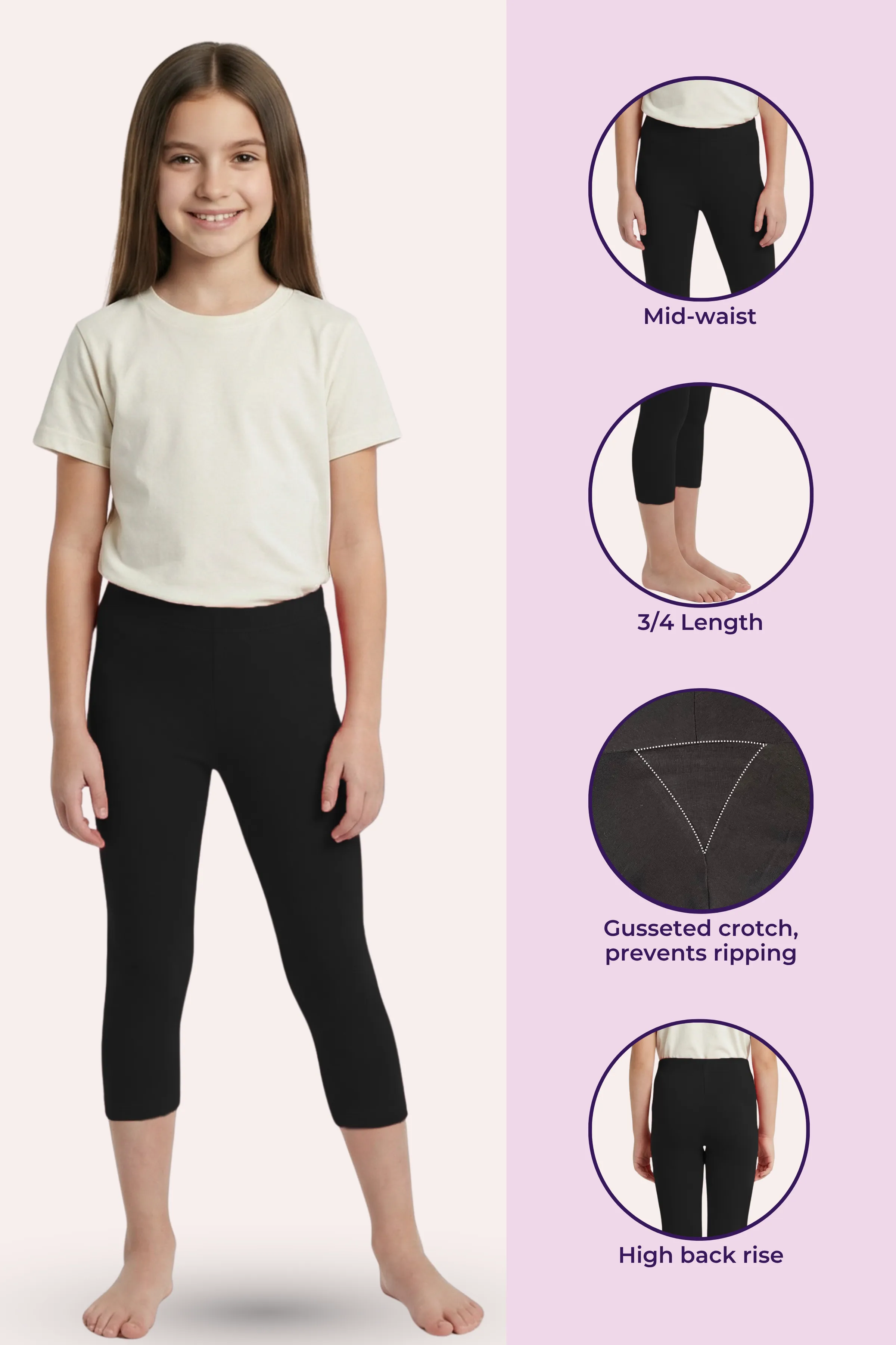 Teen Cropped Leggings | Mid Waist | 3/4 Length | Cotton–Elastane Blend | Non-See-Through | Gusset Crotch to Prevent Ripping - Image 2