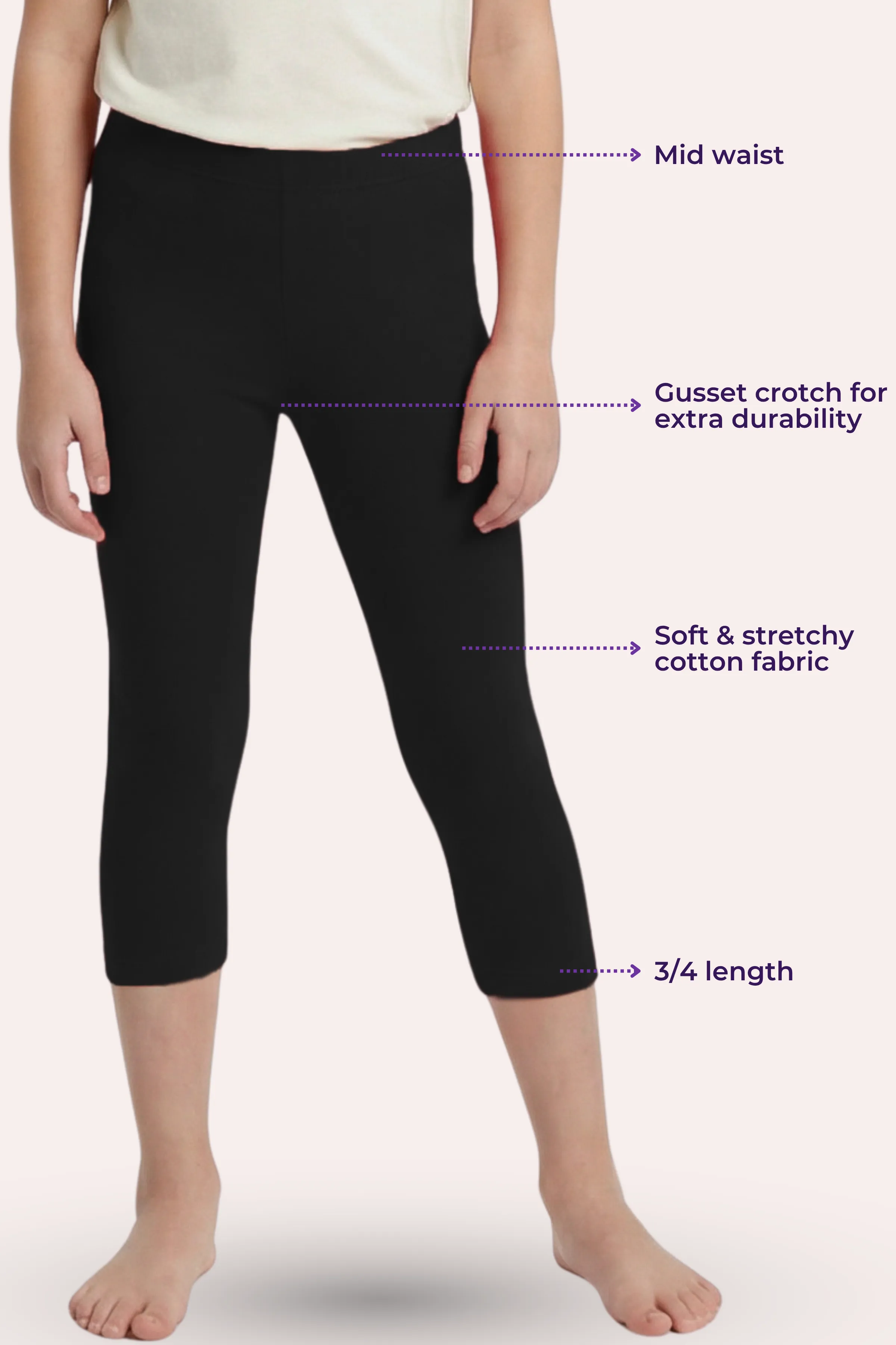 Teen Cropped Leggings | Mid Waist | 3/4 Length | Cotton–Elastane Blend | Non-See-Through | Gusset Crotch to Prevent Ripping - Image 3