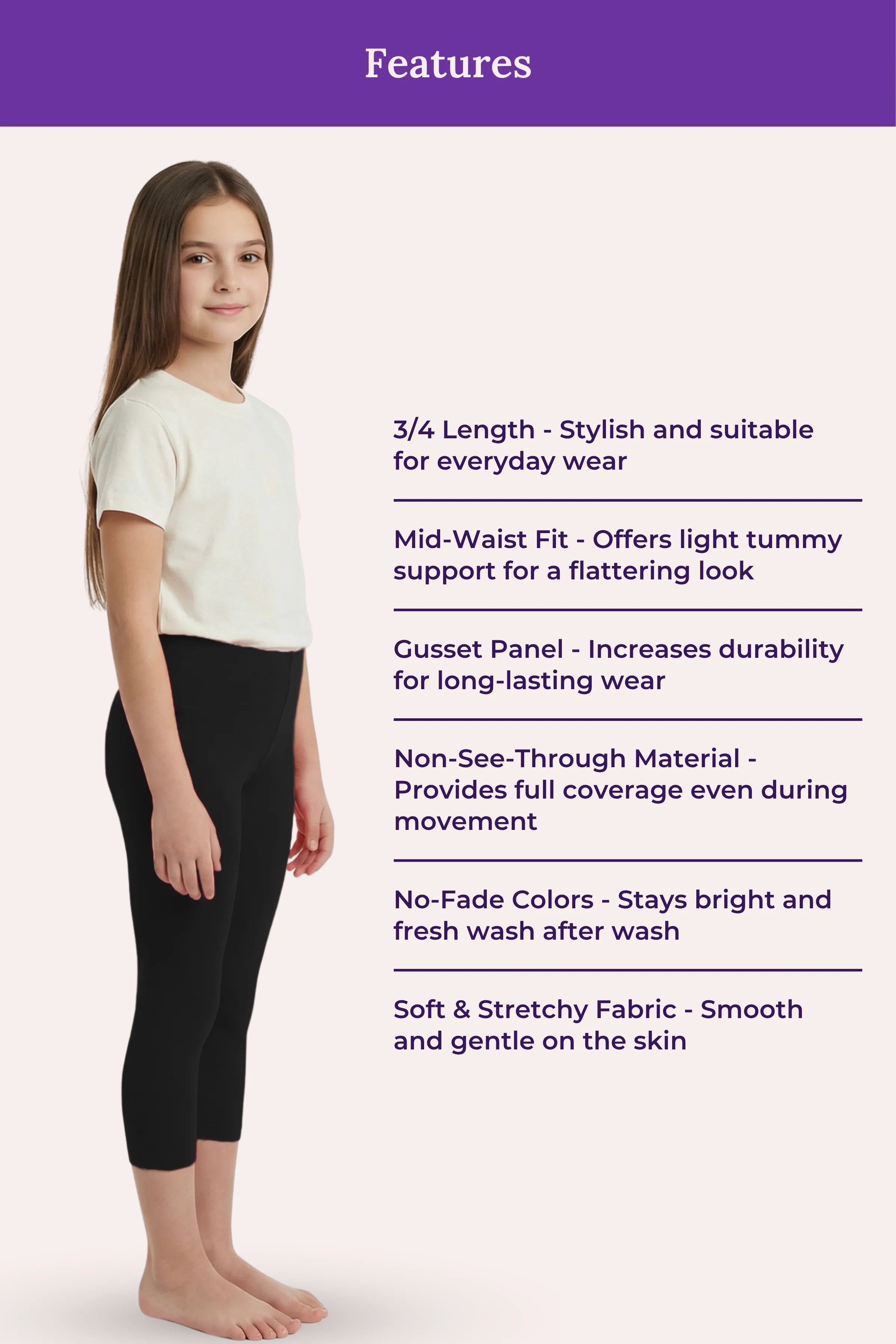 Teen Cropped Leggings | Mid Waist | 3/4 Length | Cotton–Elastane Blend | Non-See-Through | Gusset Crotch to Prevent Ripping - Image 6