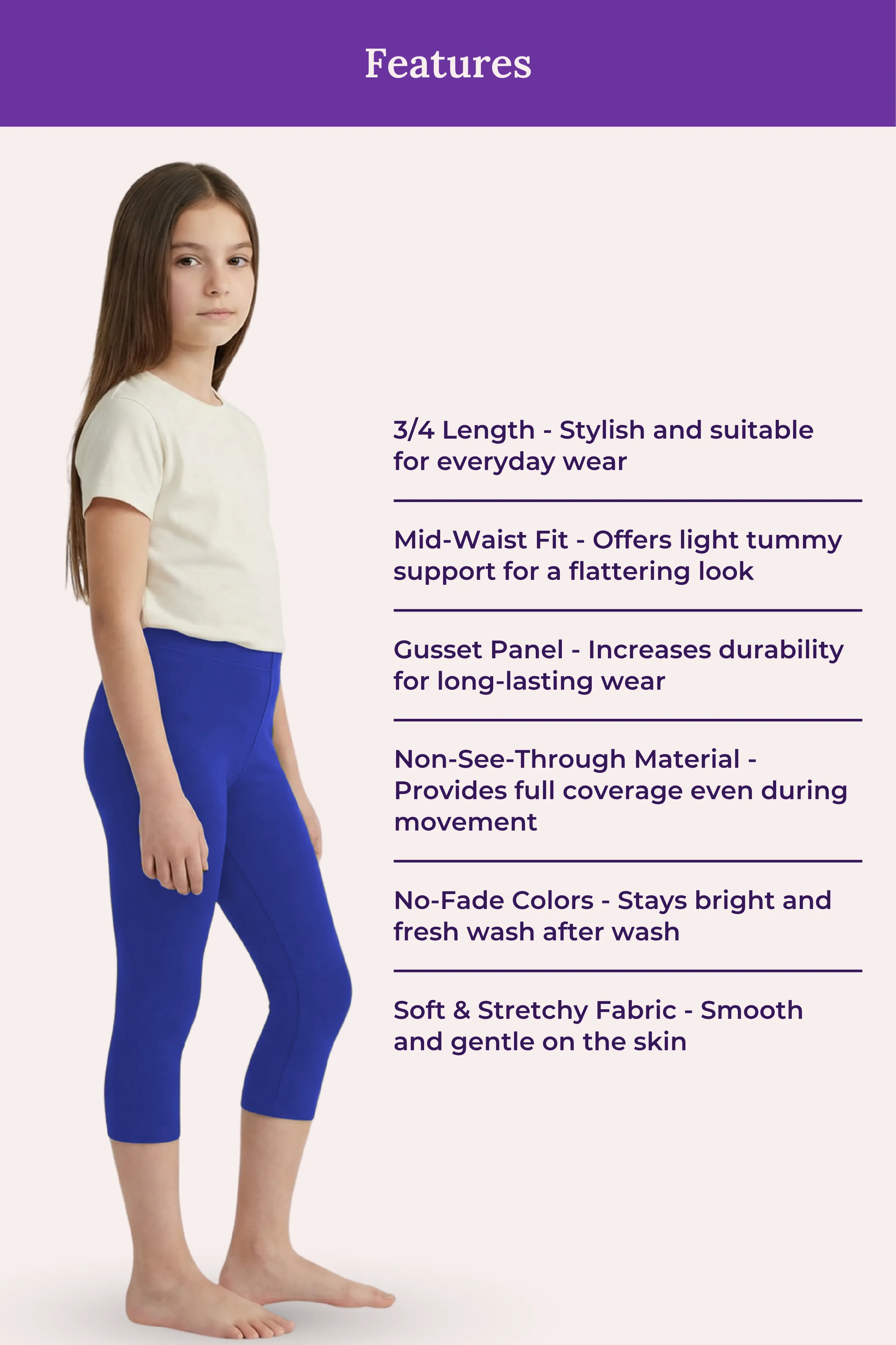 Teen Cropped Leggings | Mid Waist | 3/4 Length | Cotton–Elastane Blend | Non-See-Through | Gusset Crotch to Prevent Ripping - Image 6