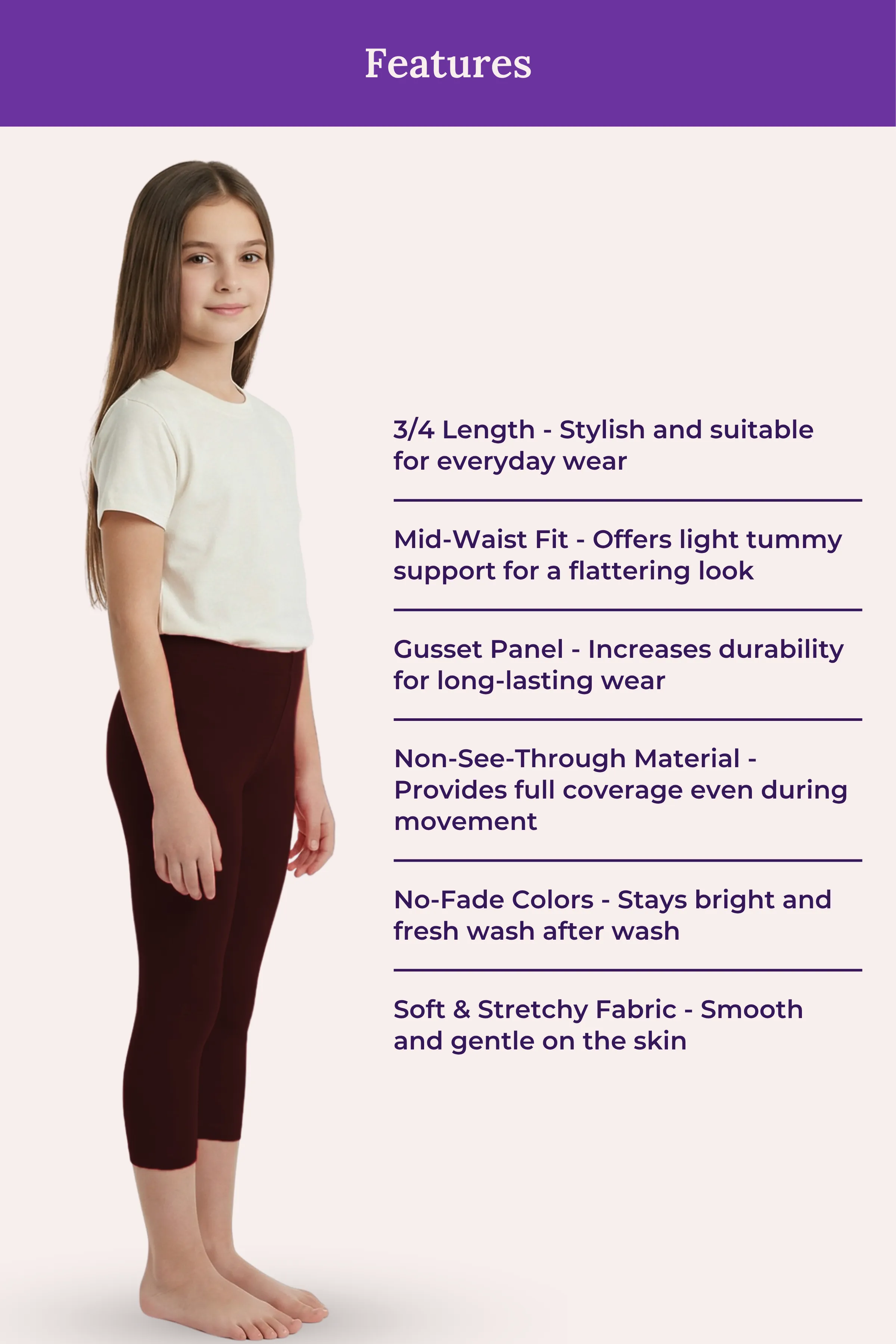 Teen Cropped Leggings | Mid Waist | 3/4 Length | Cotton–Elastane Blend | Non-See-Through | Gusset Crotch to Prevent Ripping - Image 6
