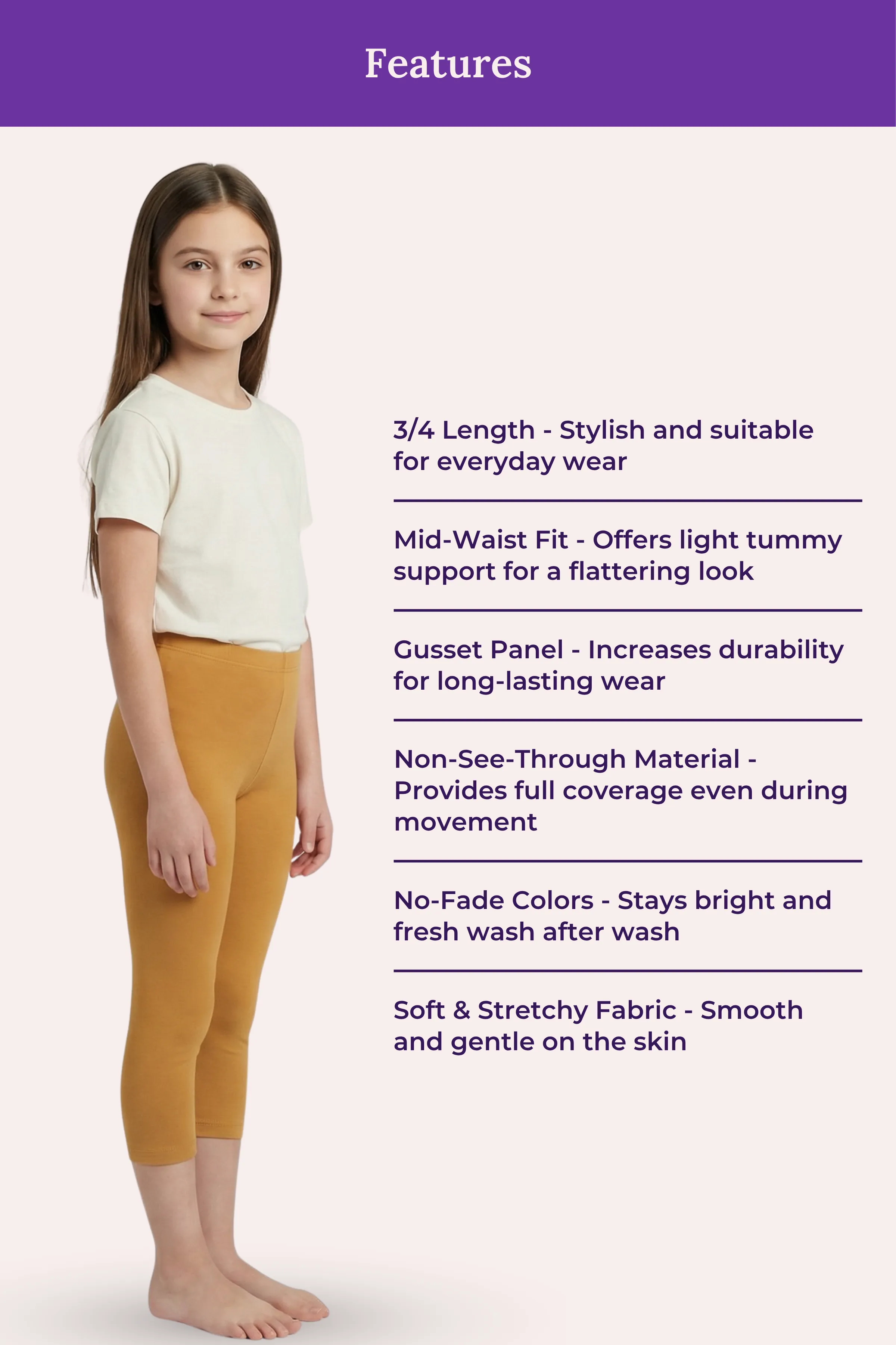 Teen Cropped Leggings | Mid Waist | 3/4 Length | Cotton–Elastane Blend | Non-See-Through | Gusset Crotch to Prevent Ripping - Image 6
