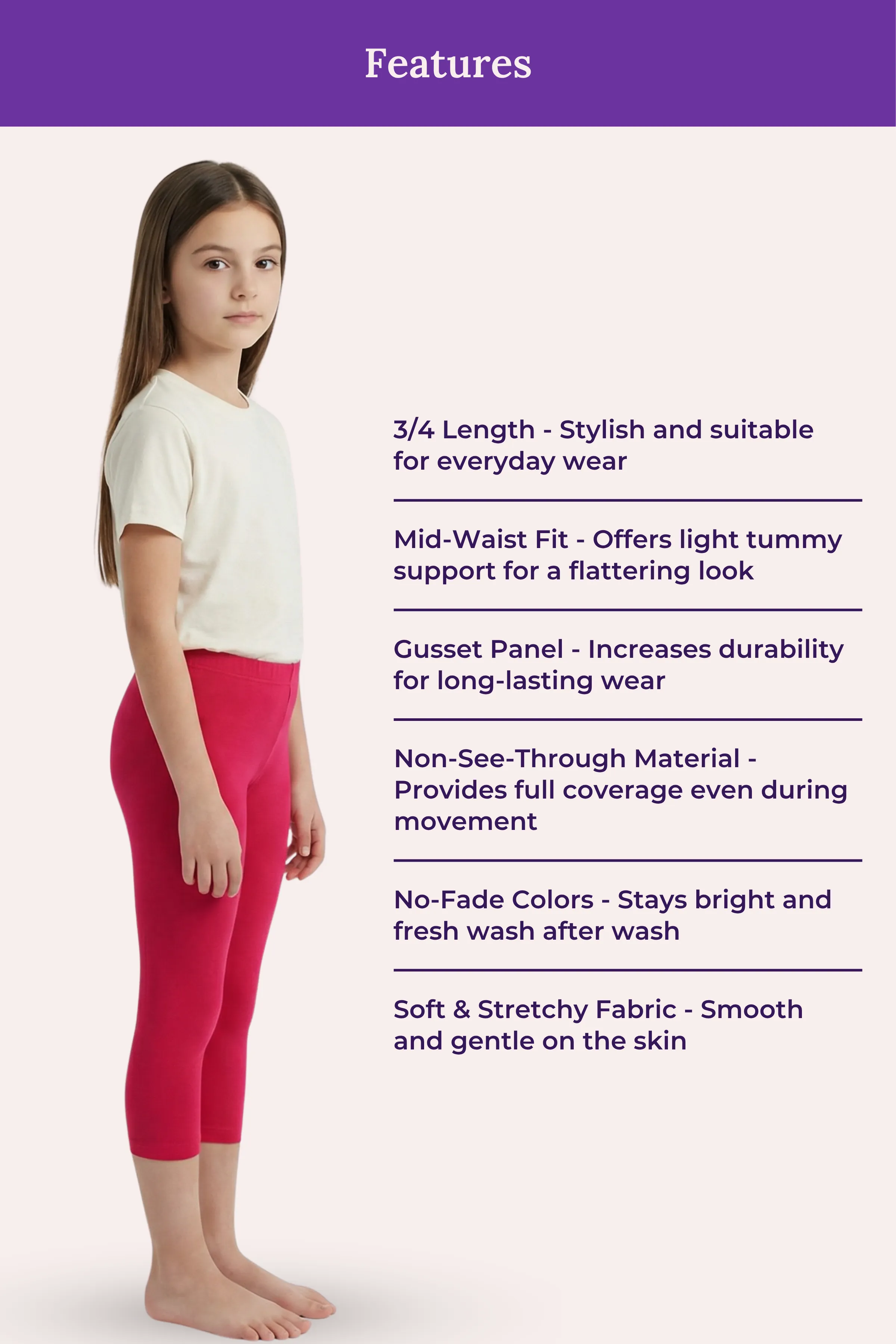 Teen Cropped Leggings | Mid Waist | 3/4 Length | Cotton–Elastane Blend | Non-See-Through | Gusset Crotch to Prevent Ripping - Image 6