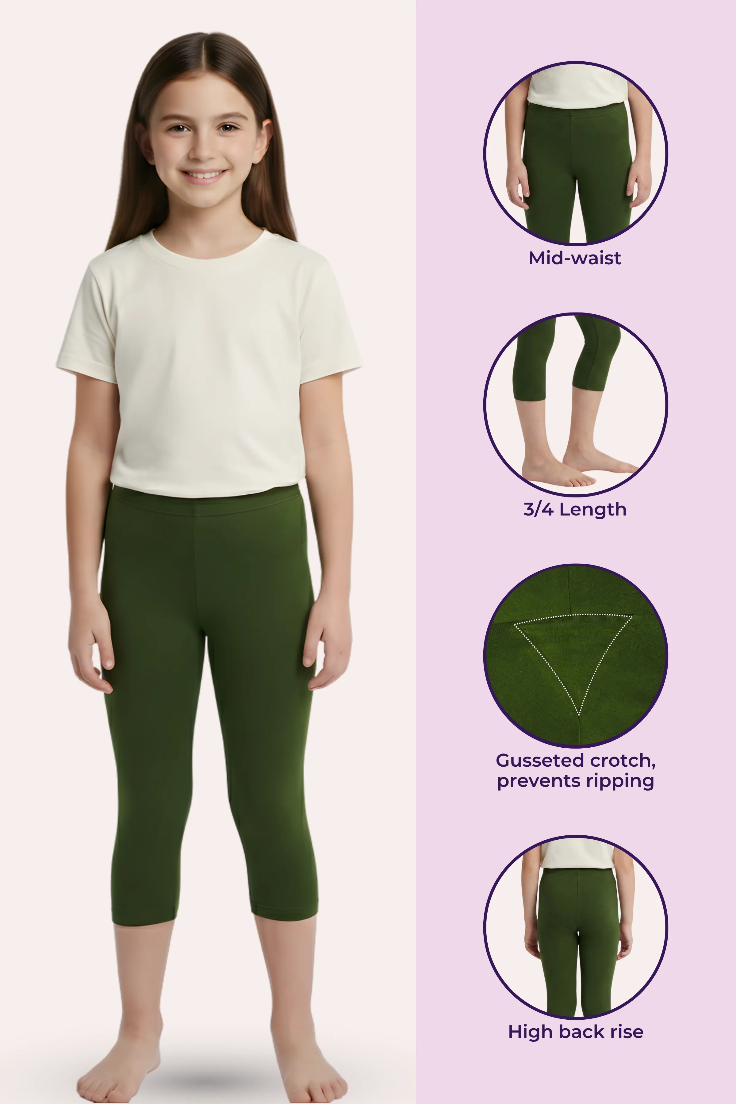 Teen Cropped Leggings | Mid Waist | 3/4 Length | Cotton–Elastane Blend | Non-See-Through | Gusset Crotch to Prevent Ripping - Image 2