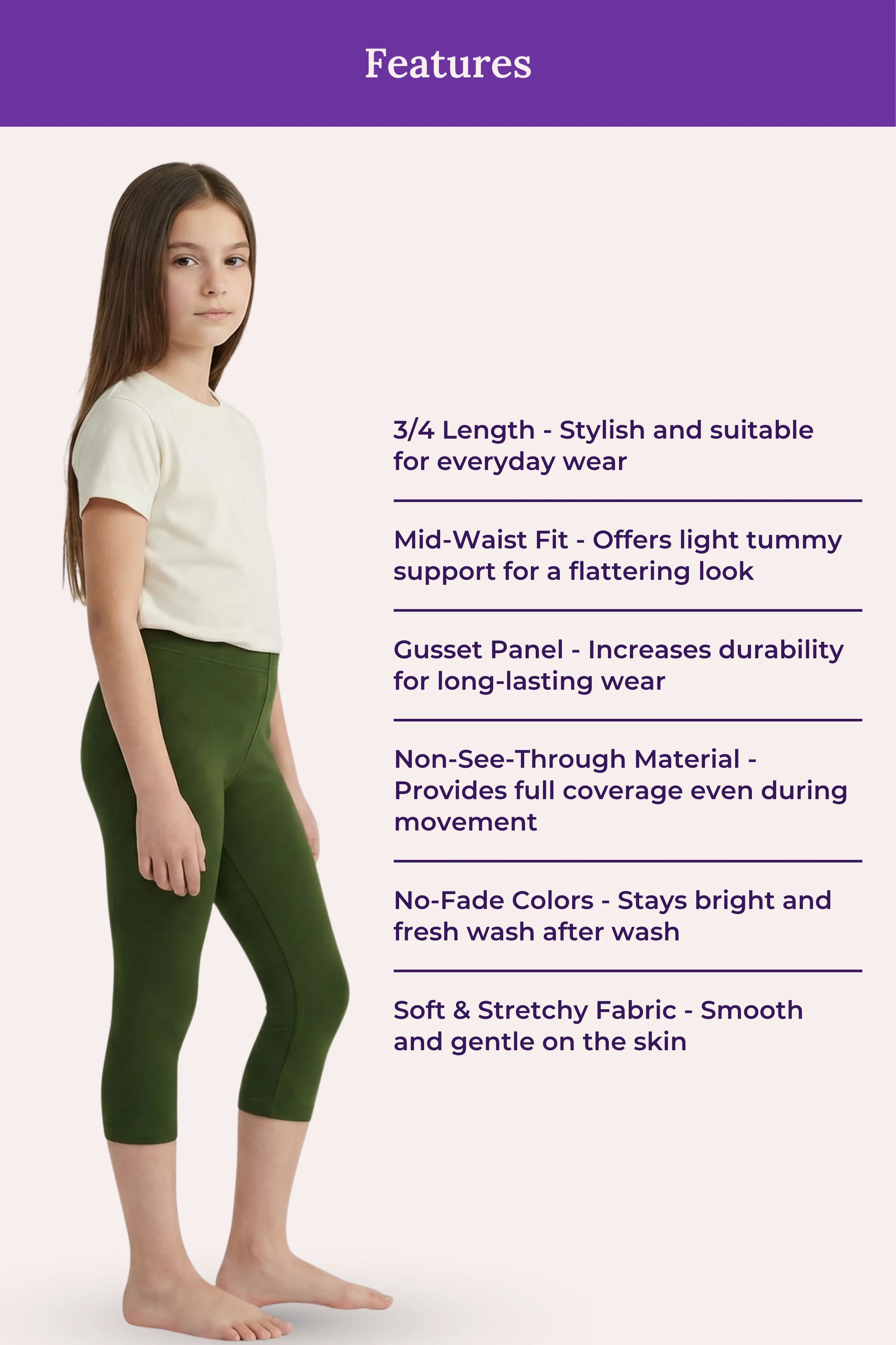 Teen Cropped Leggings | Mid Waist | 3/4 Length | Cotton–Elastane Blend | Non-See-Through | Gusset Crotch to Prevent Ripping - Image 6