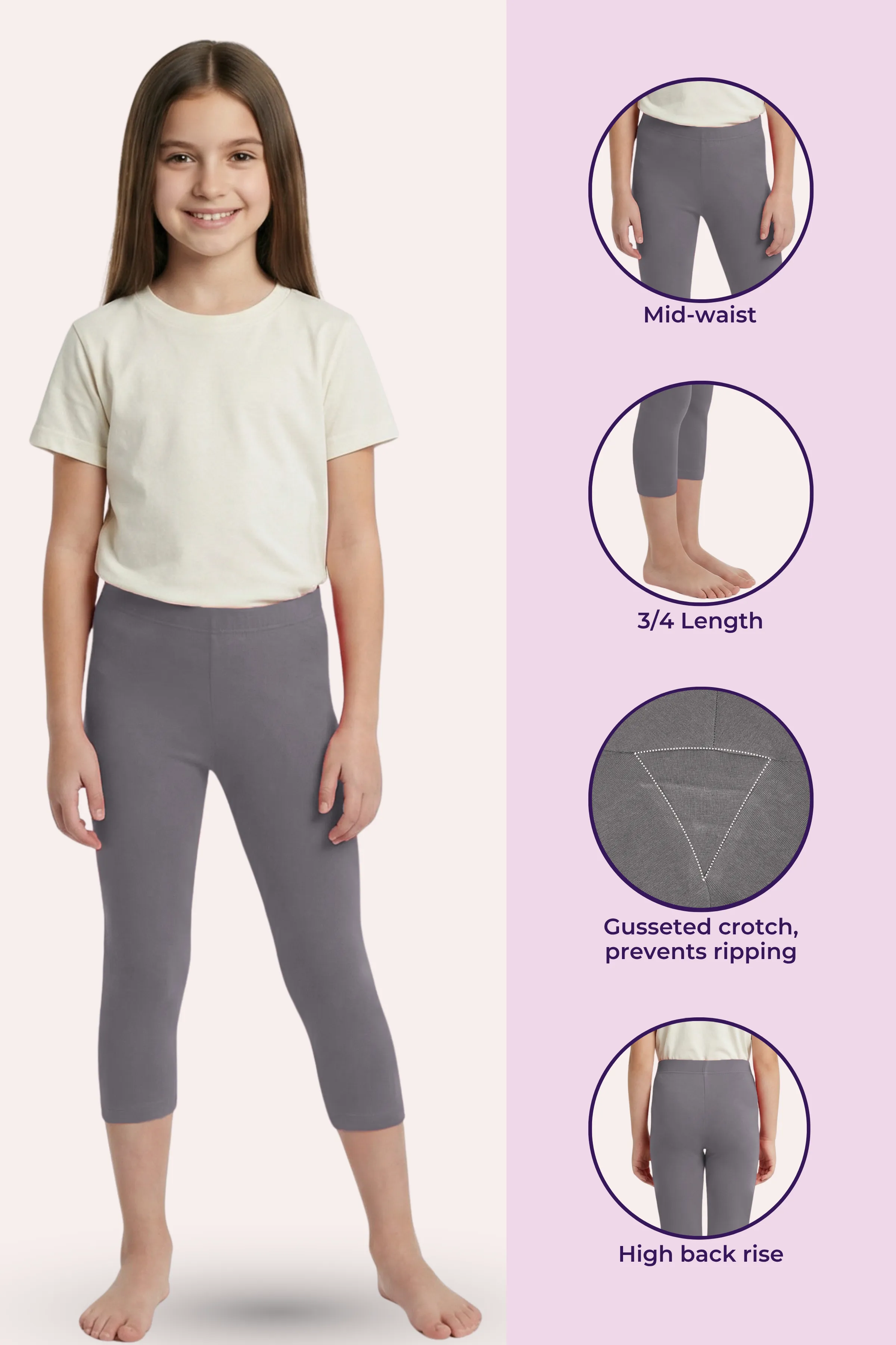 Teen Cropped Leggings | Mid Waist | 3/4 Length | Cotton–Elastane Blend | Non-See-Through | Gusset Crotch to Prevent Ripping - Image 2