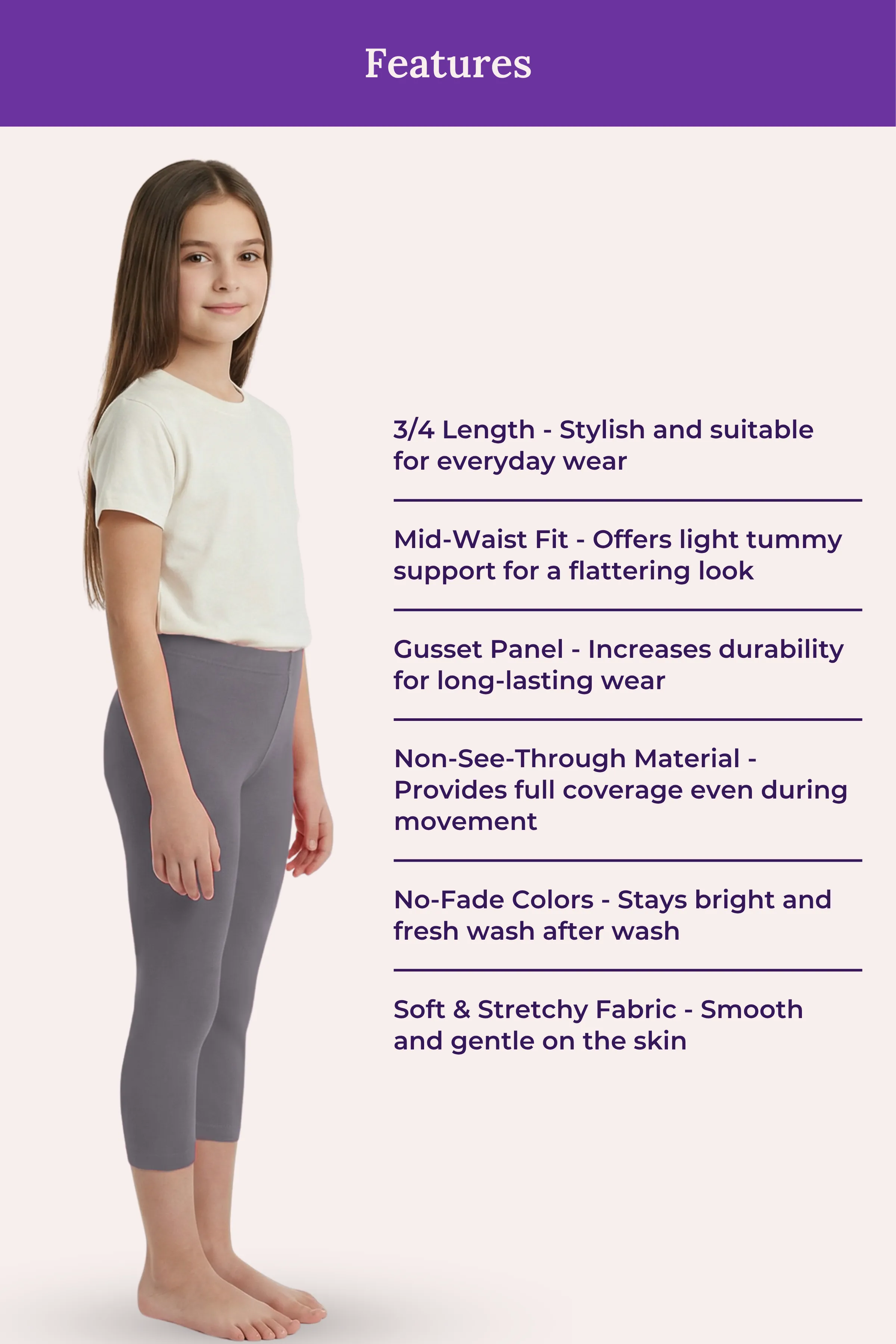 Teen Cropped Leggings | Mid Waist | 3/4 Length | Cotton–Elastane Blend | Non-See-Through | Gusset Crotch to Prevent Ripping - Image 6
