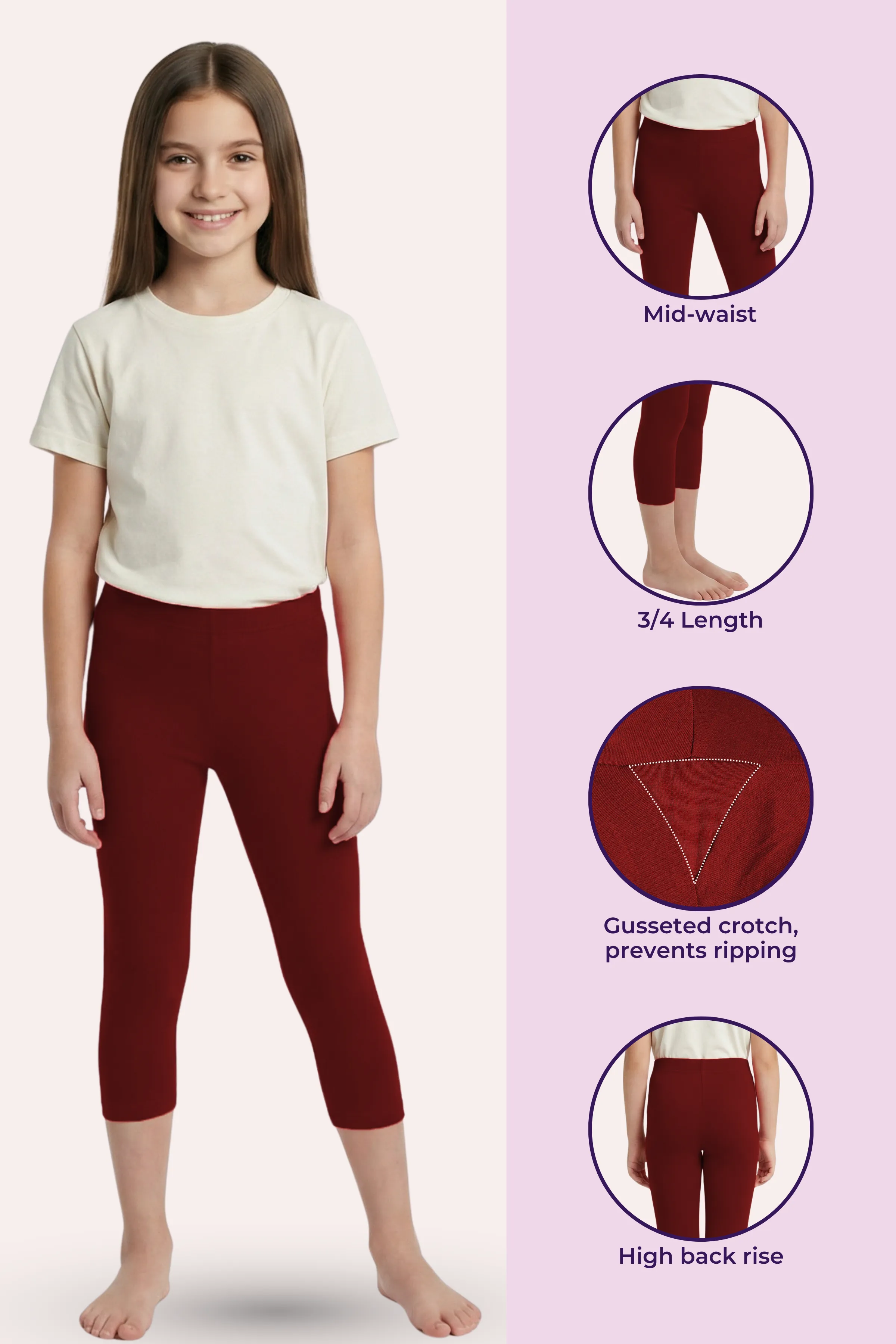 Teen Cropped Leggings | Mid Waist | 3/4 Length | Cotton–Elastane Blend | Non-See-Through | Gusset Crotch to Prevent Ripping - Image 2