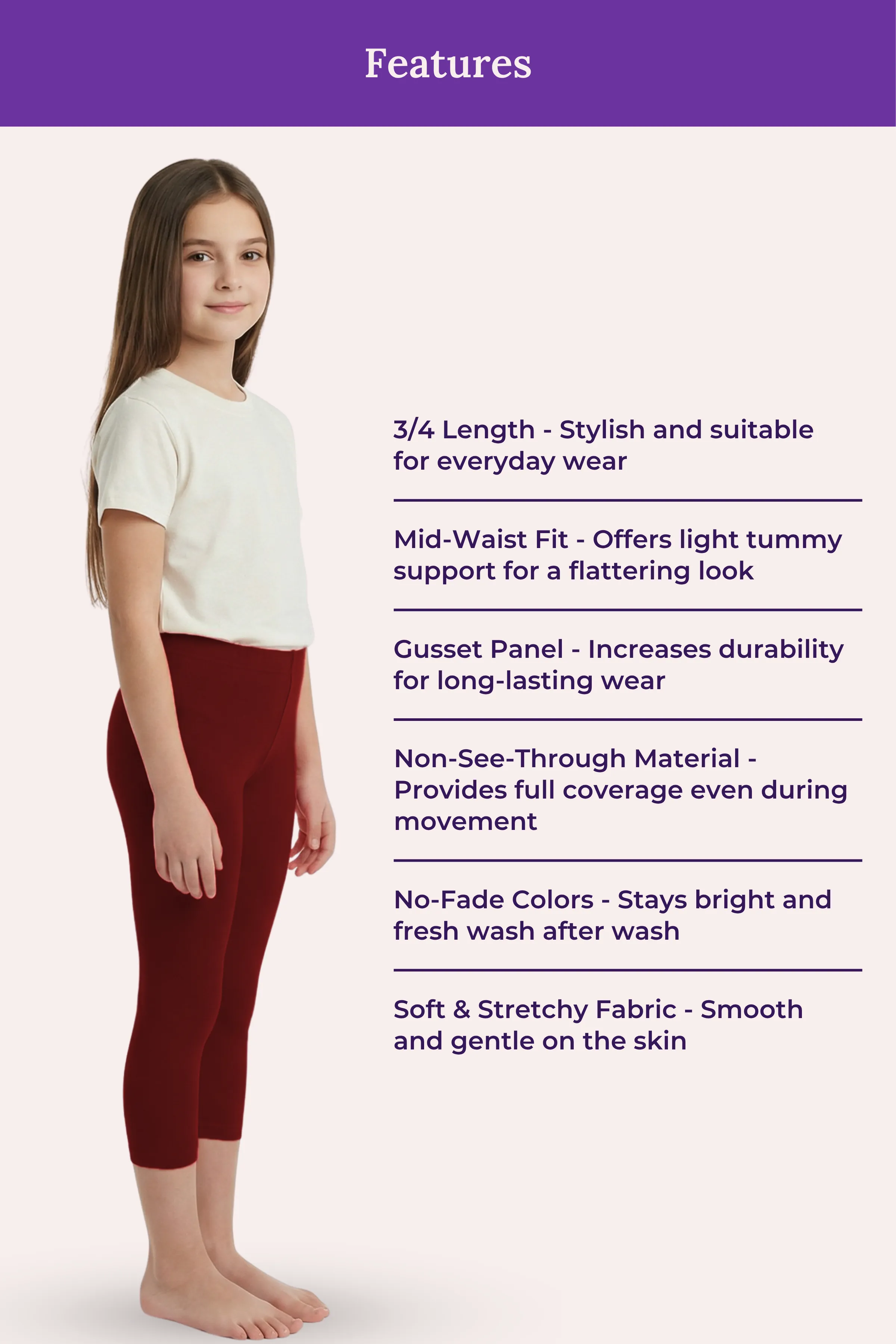 Teen Cropped Leggings | Mid Waist | 3/4 Length | Cotton–Elastane Blend | Non-See-Through | Gusset Crotch to Prevent Ripping - Image 6