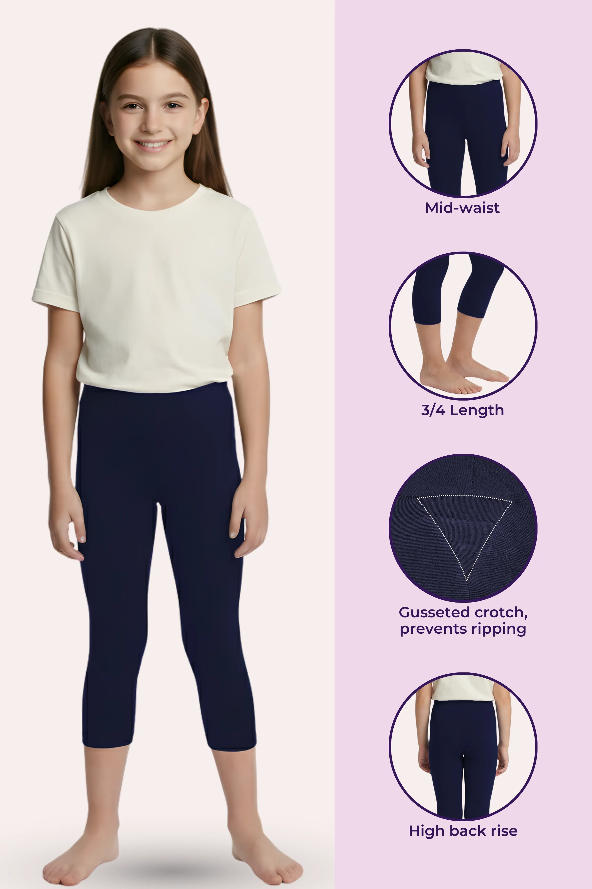 Teen Cropped Leggings | Mid Waist | 3/4 Length | Cotton–Elastane Blend | Non-See-Through | Gusset Crotch to Prevent Ripping - Image 2