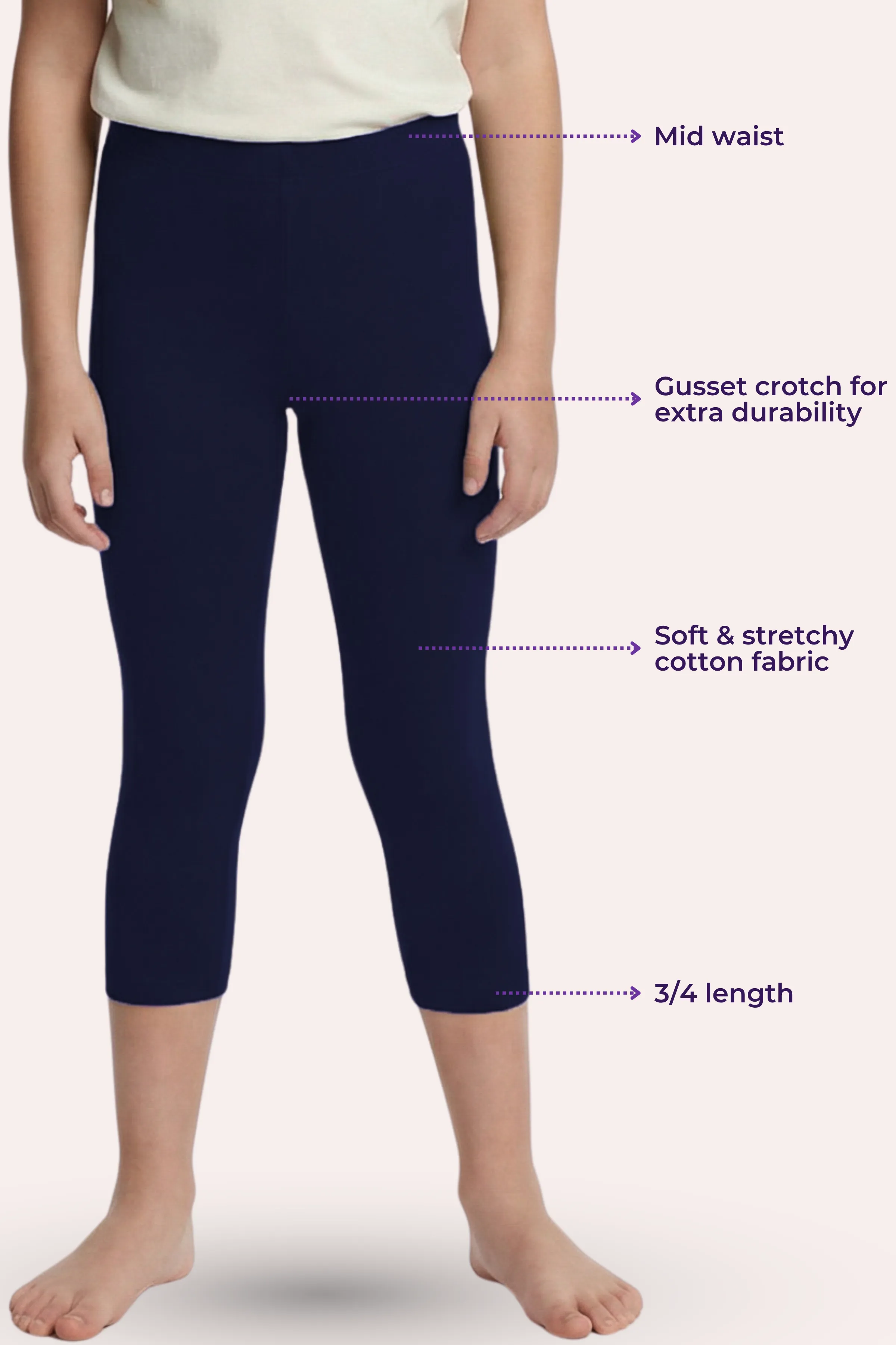 Teen Cropped Leggings | Mid Waist | 3/4 Length | Cotton–Elastane Blend | Non-See-Through | Gusset Crotch to Prevent Ripping - Image 3