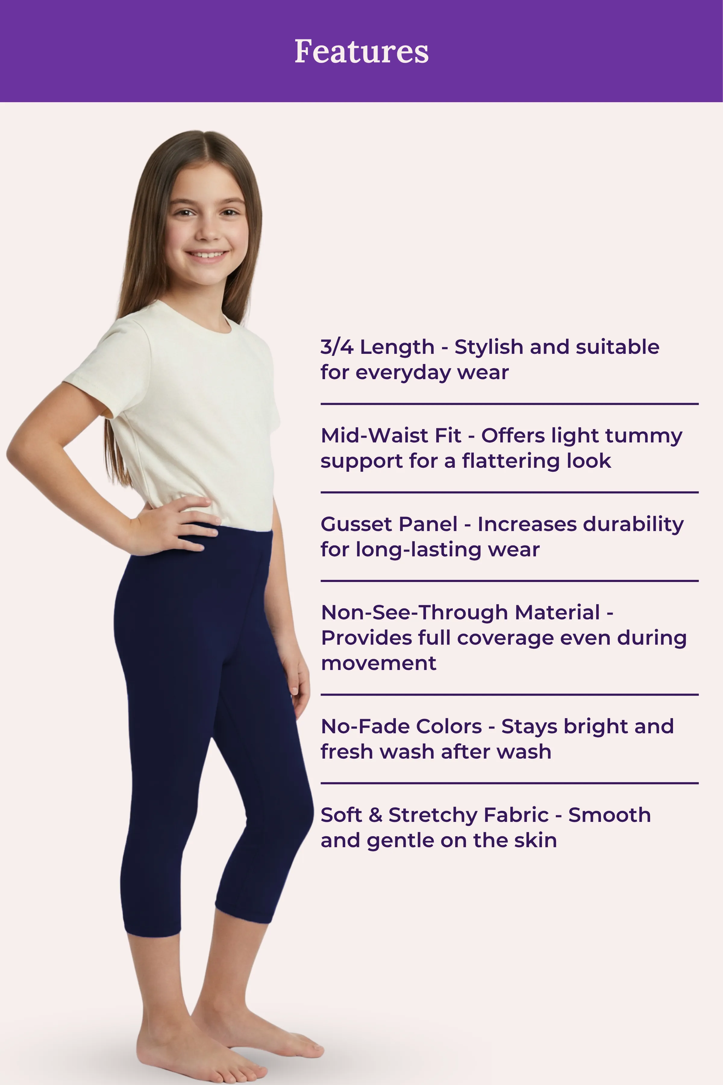 Teen Cropped Leggings | Mid Waist | 3/4 Length | Cotton–Elastane Blend | Non-See-Through | Gusset Crotch to Prevent Ripping - Image 6