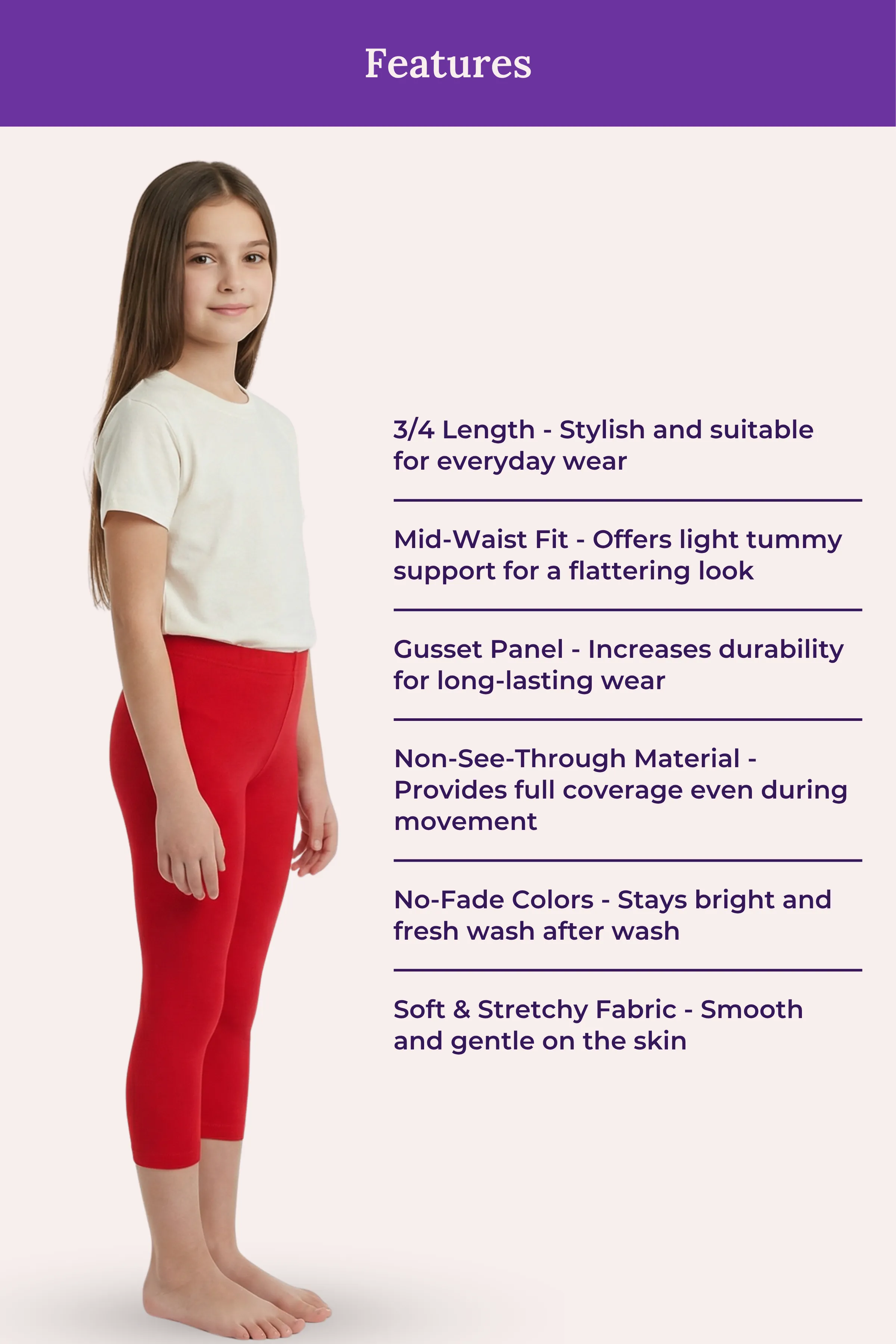 Teen Cropped Leggings | Mid Waist | 3/4 Length | Cotton–Elastane Blend | Non-See-Through | Gusset Crotch to Prevent Ripping - Image 6