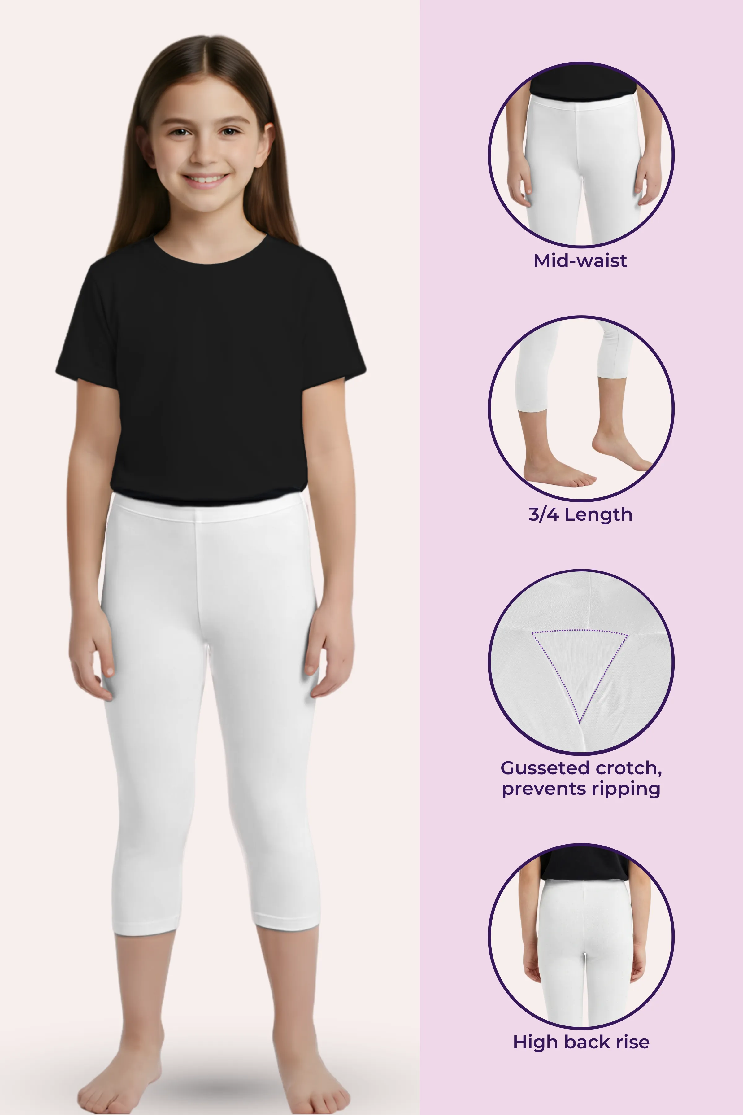 Teen Cropped Leggings | Mid Waist | 3/4 Length | Cotton–Elastane Blend | Non-See-Through | Gusset Crotch to Prevent Ripping - Image 2