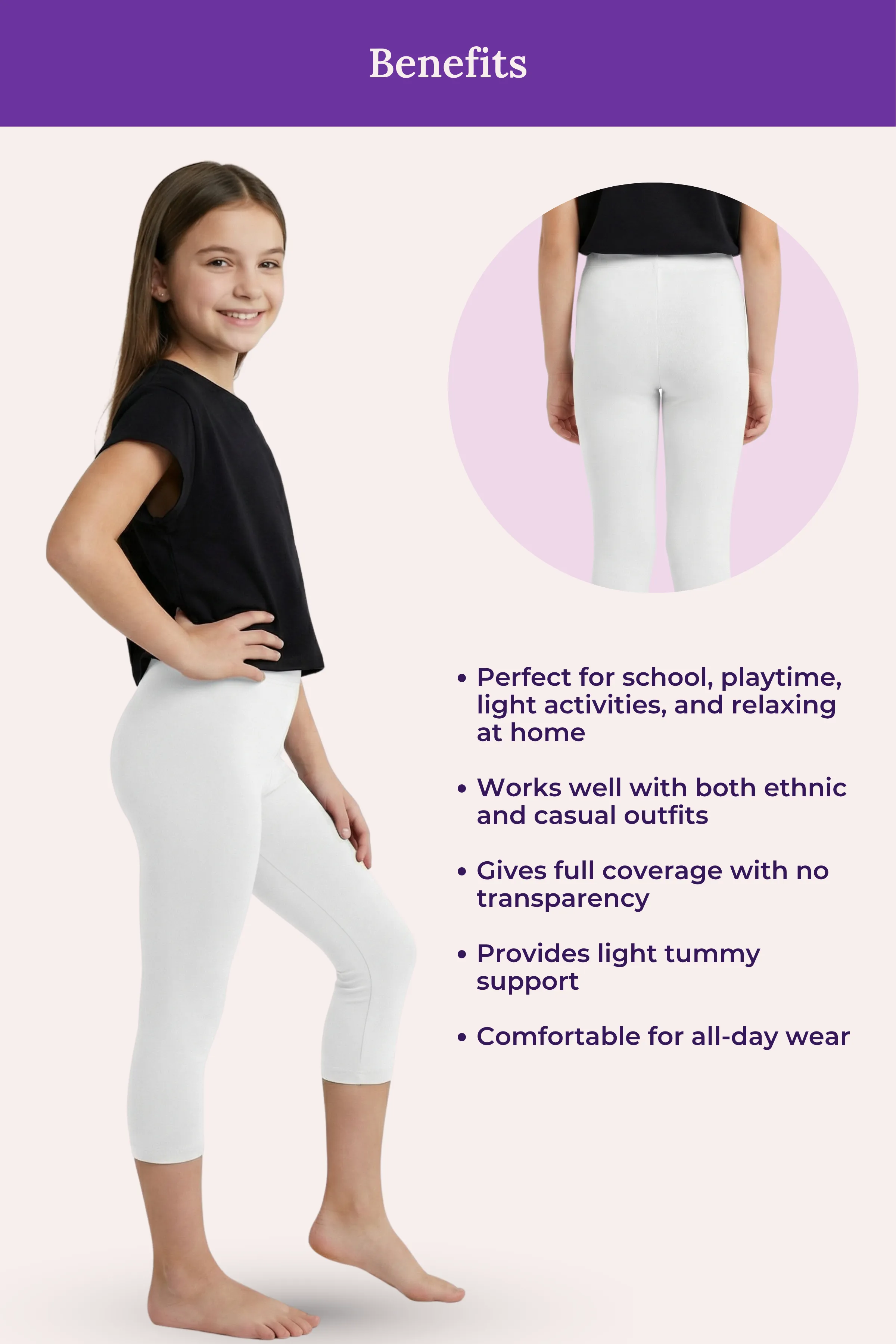 Teen Cropped Leggings | Mid Waist | 3/4 Length | Cotton–Elastane Blend | Non-See-Through | Gusset Crotch to Prevent Ripping - Image 5
