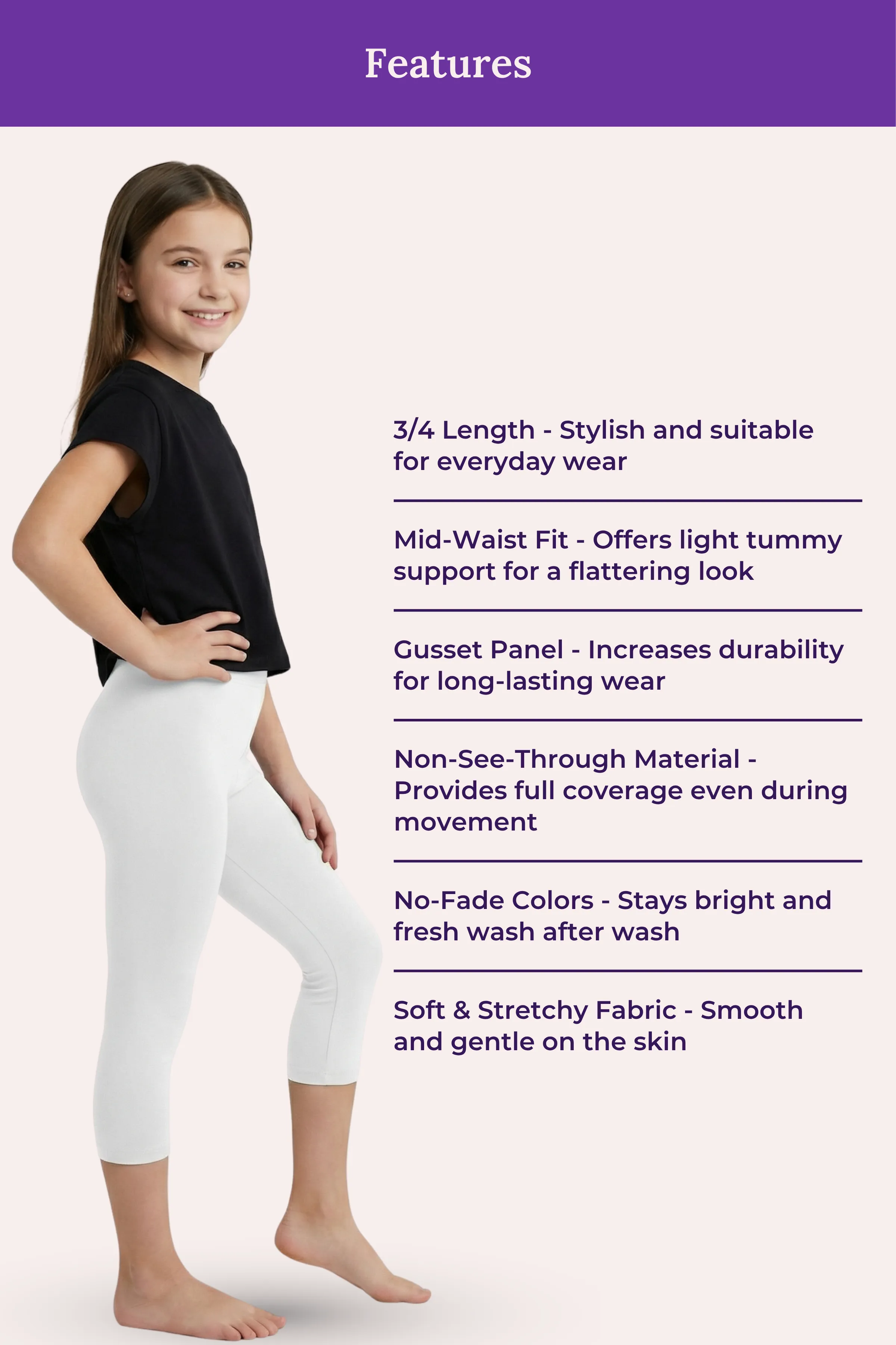 Teen Cropped Leggings | Mid Waist | 3/4 Length | Cotton–Elastane Blend | Non-See-Through | Gusset Crotch to Prevent Ripping - Image 6