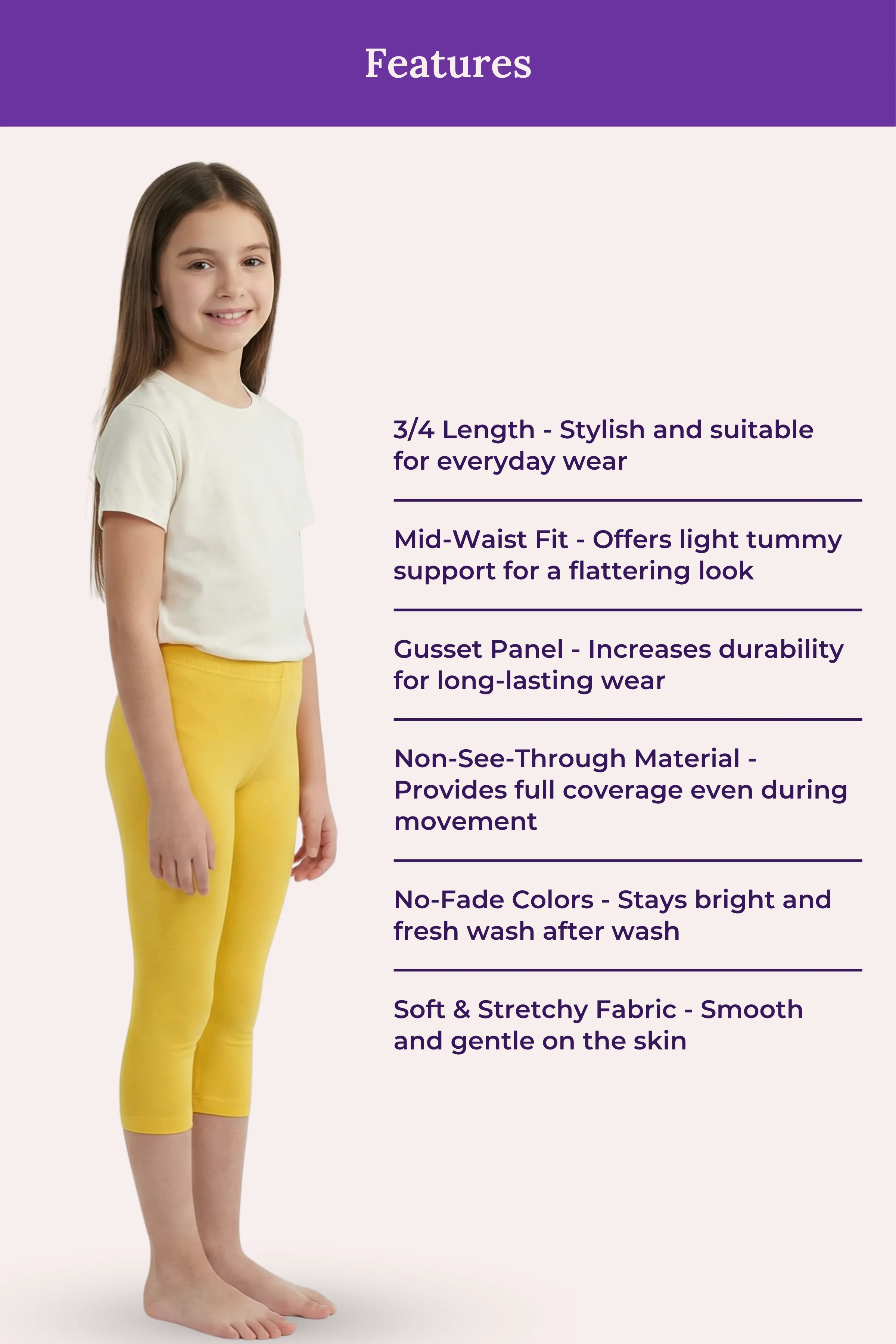 Teen Cropped Leggings | Mid Waist | 3/4 Length | Cotton–Elastane Blend | Non-See-Through | Gusset Crotch to Prevent Ripping - Image 6