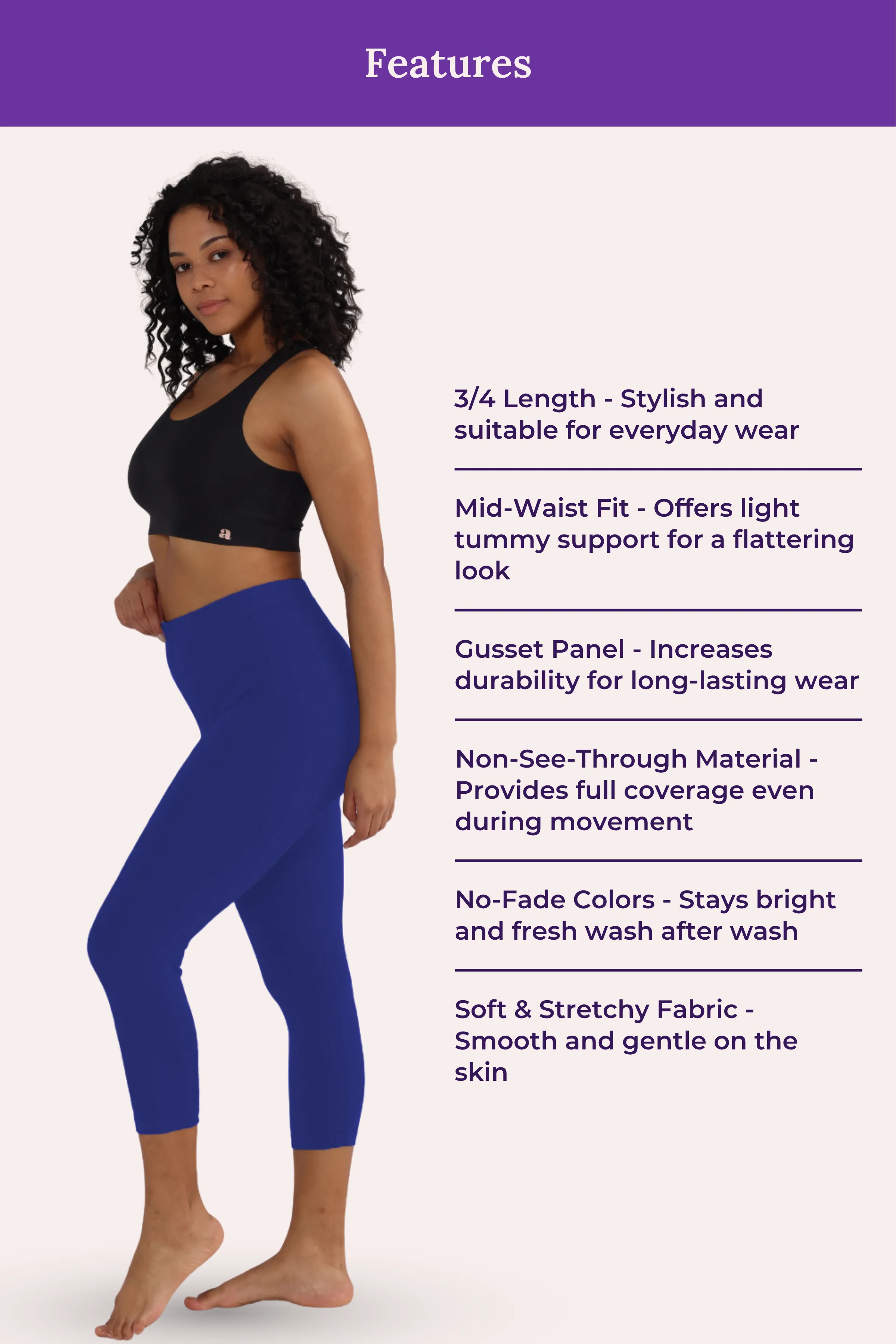 Cropped Leggings | Mid Waist | 3/4 Length | Cotton–Elastane Blend | Non-See-Through | Gusset Crotch to Prevent Ripping - Image 6