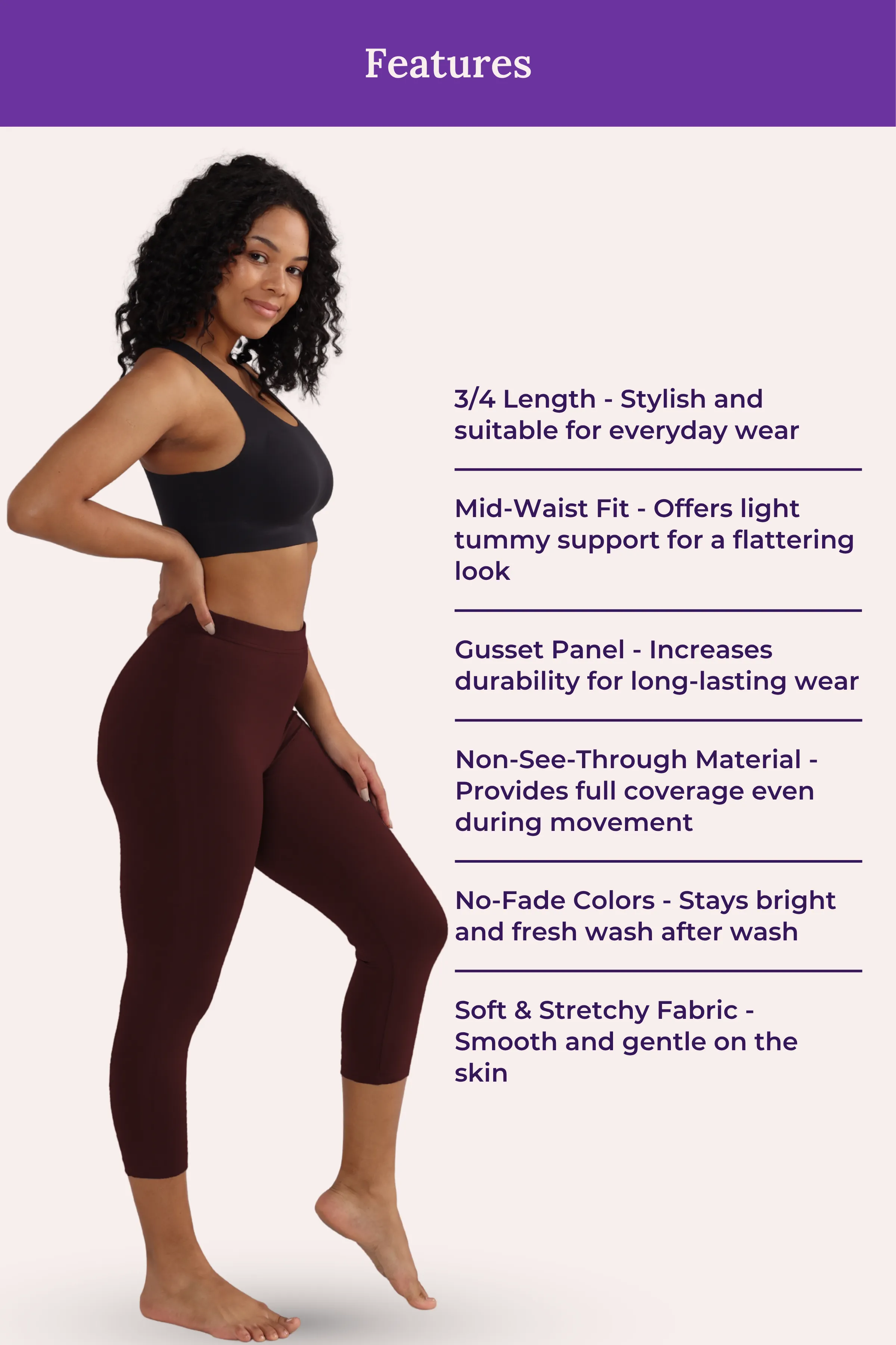 Cropped Leggings | Mid Waist | 3/4 Length | Cotton–Elastane Blend | Non-See-Through | Gusset Crotch to Prevent Ripping - Image 6